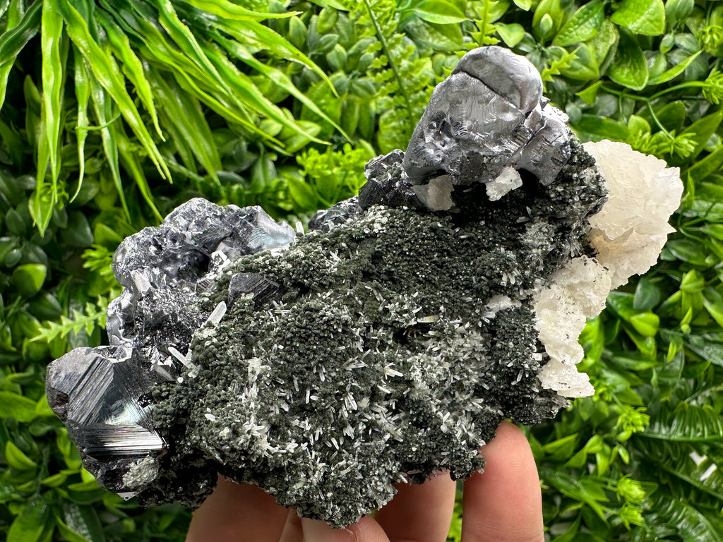Galena Sphalerite Mineral Specimen, Calcite on Quartz, Bulgarian Crystal