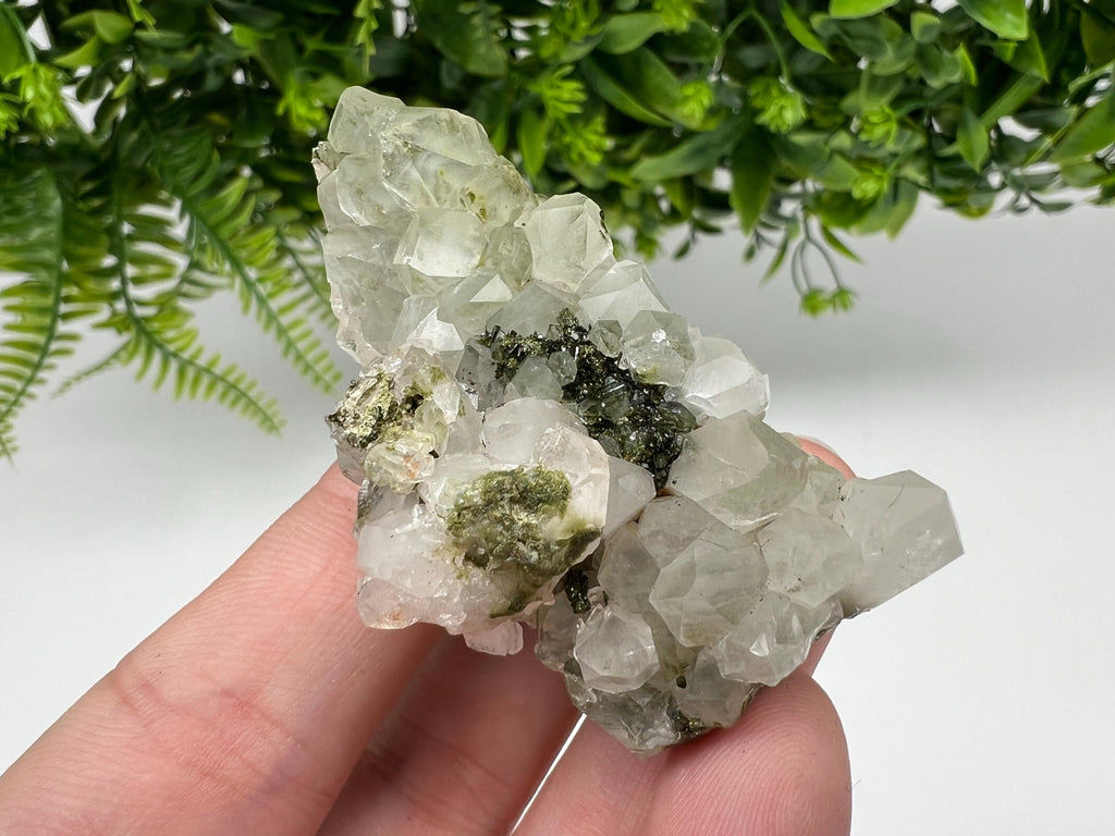 Rare Green Epidote with Quartz Crystals - Sparkly Rainbow Mineral Decor