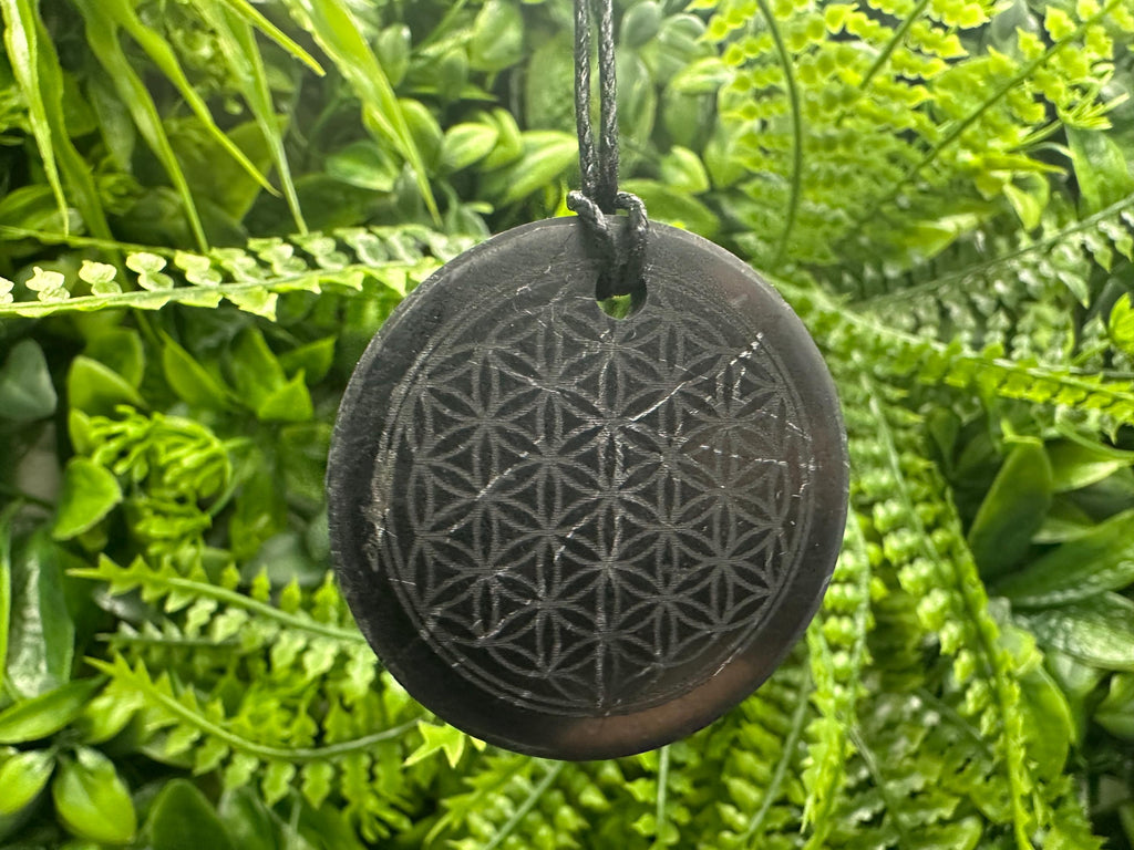 Shungite Flower of Life Pendant: EMF Protection Necklace
