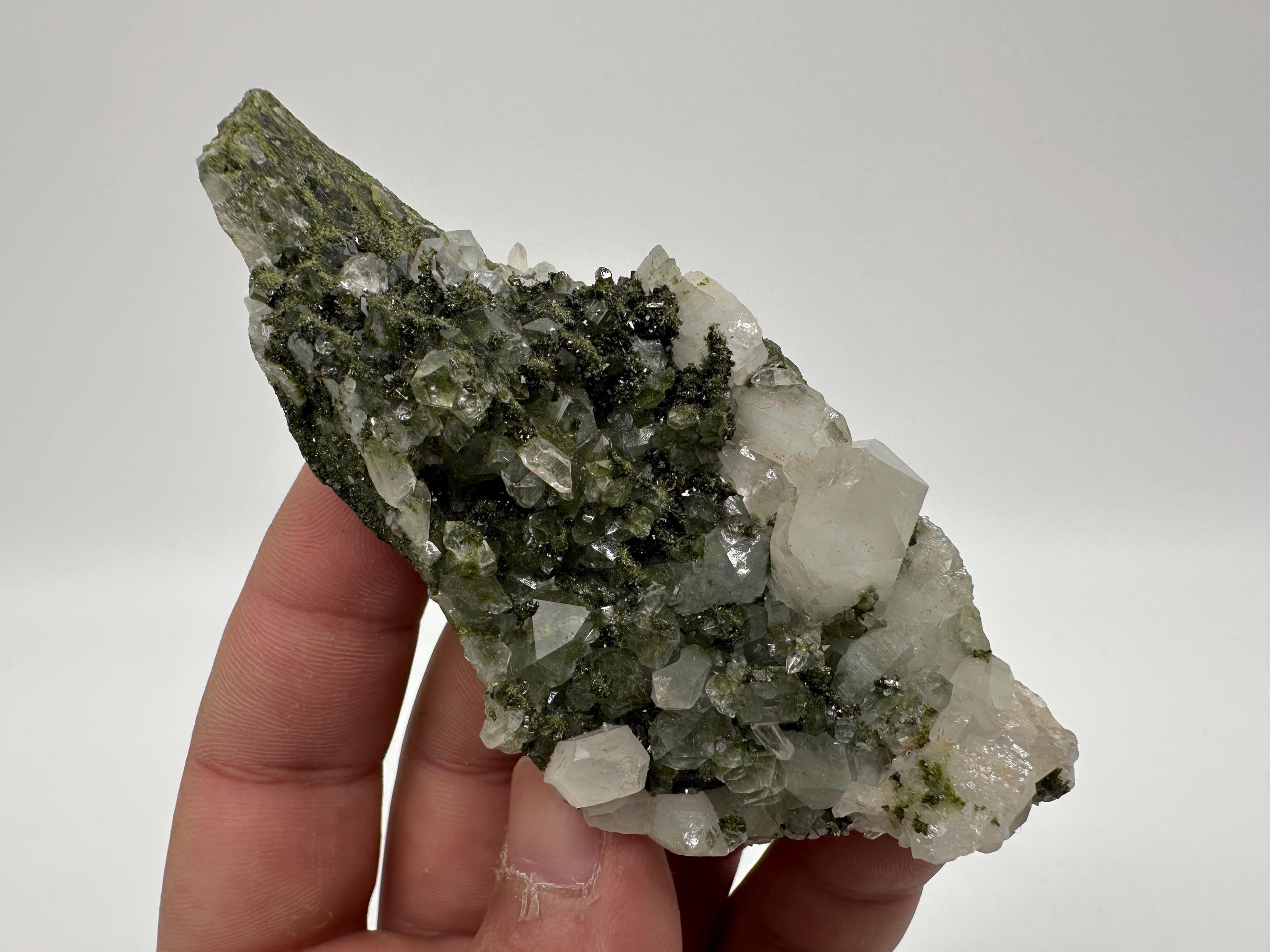 Rare Green Epidote with Quartz Crystals: Sparkly Rainbow Mineral Decor