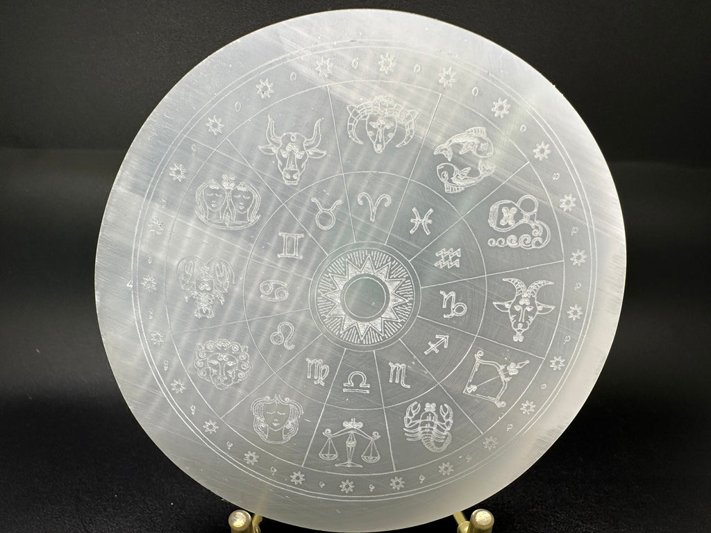 Natural Selenite Zodiac Disc: Engraved Crystal Healing Decor (10/10cm)