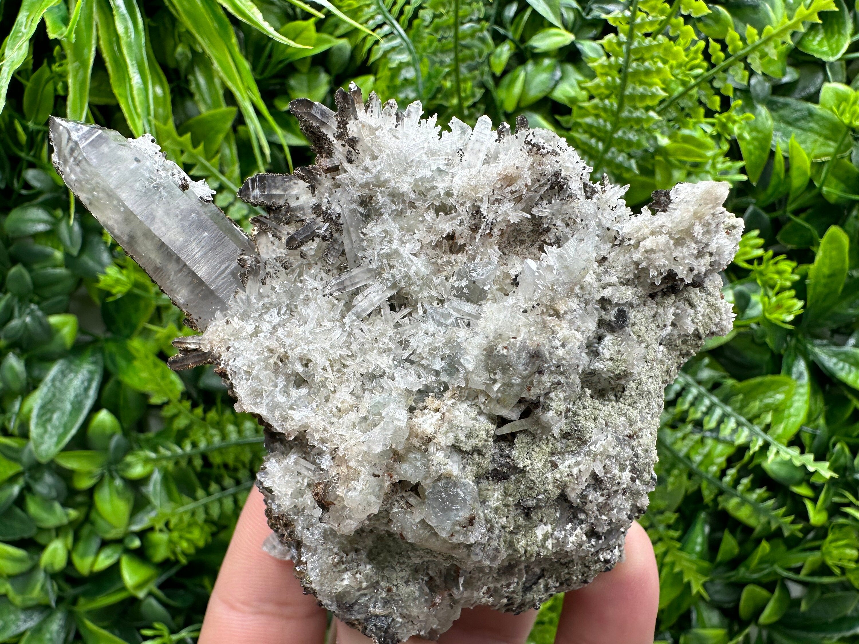 Quartz Crystal Specimen: Smoky, Clear, Chalcopyrite, Siderite, Calcite