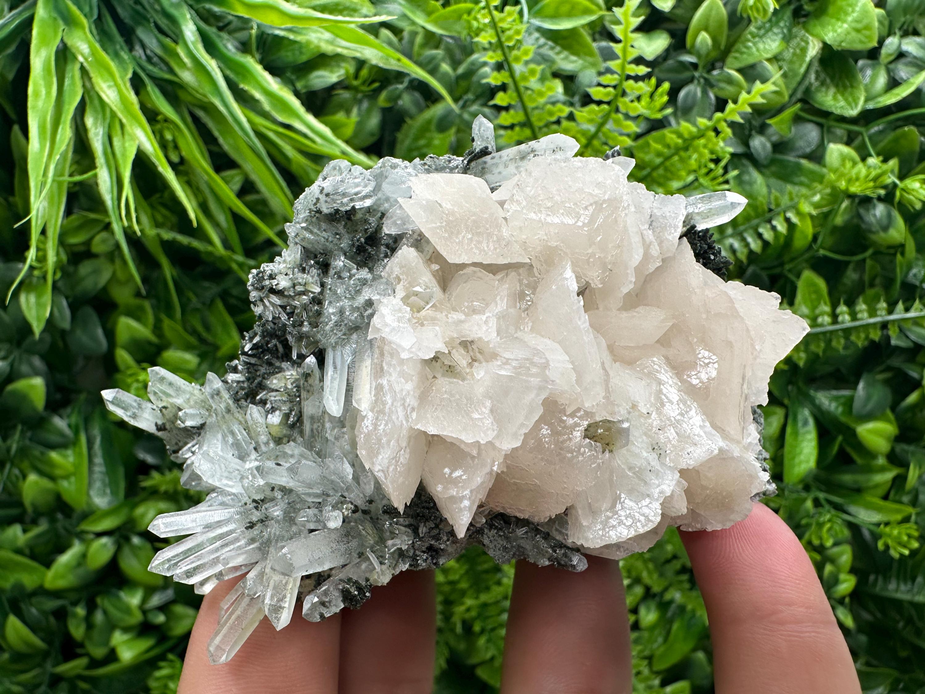 Calcite on Quartz with Chlorite, Borieva Mine Mineral Specimen