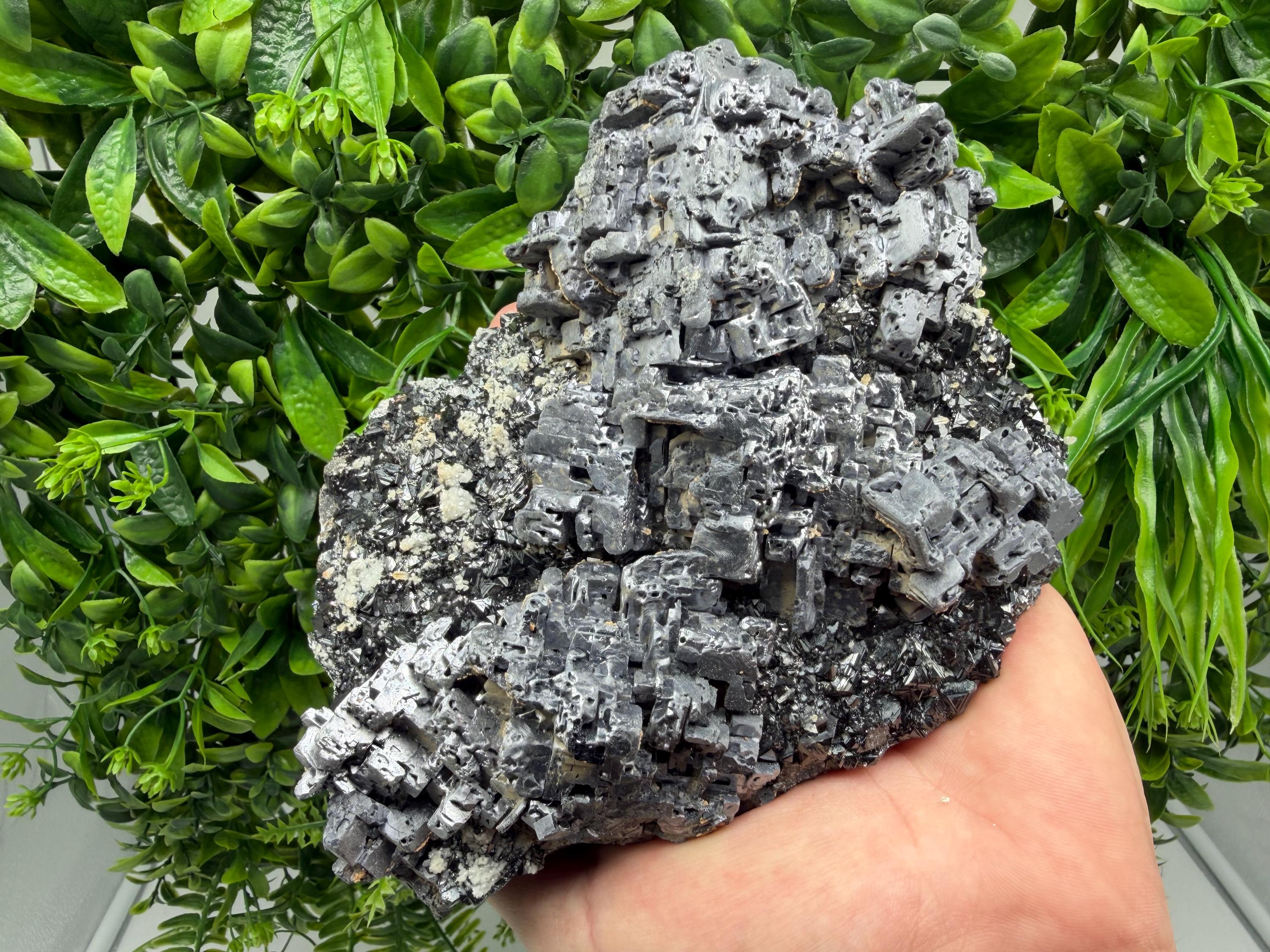 Natural Shiny Galena Cluster with Siderite and Quartz, Bulgaria Mine Specimen