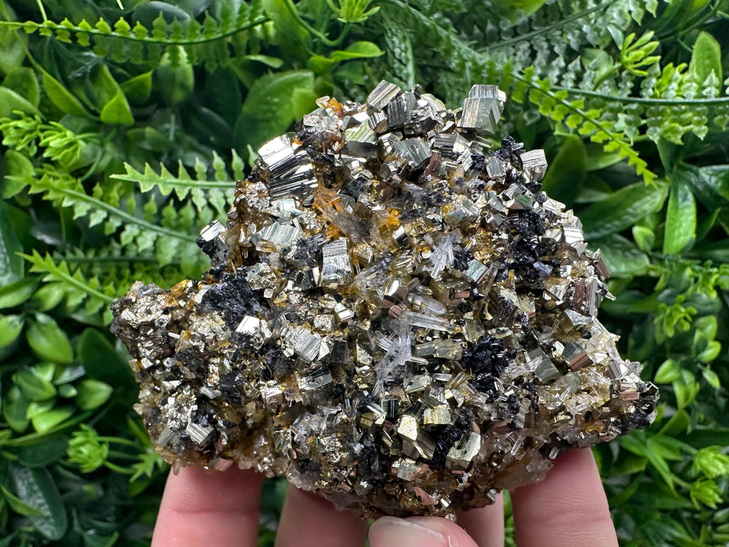 Rainbow Pyrite Cluster on Sphalerite Quartz, Borieva Mine Mineral Specimen