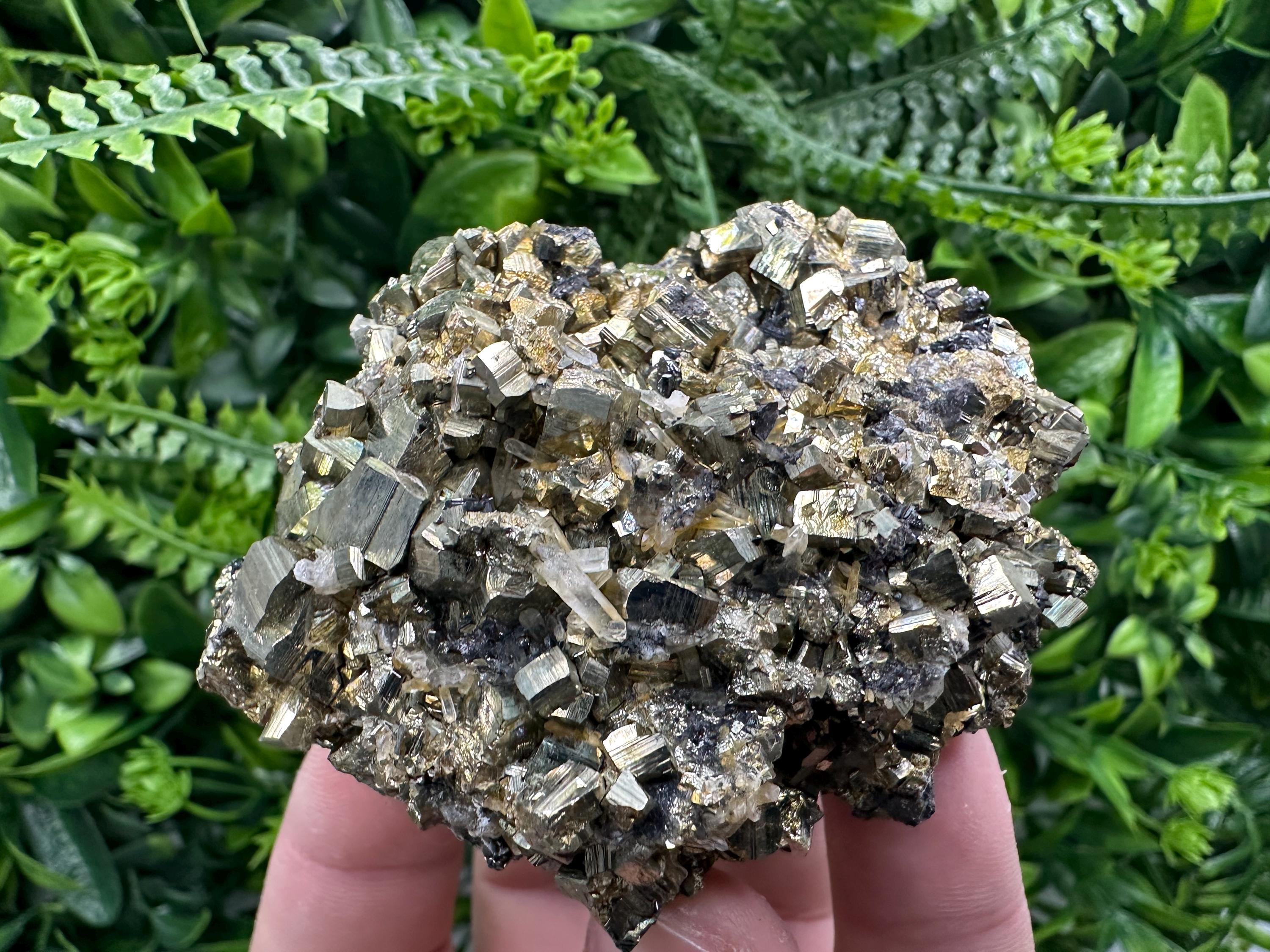 Rainbow Pyrite Cluster on Sphalerite Quartz, Borieva Mine Mineral Specimen