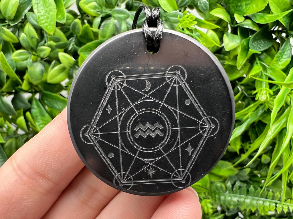 Shungite Aquarius Zodiac Pendant Necklace: EMF Protection Healing Stone