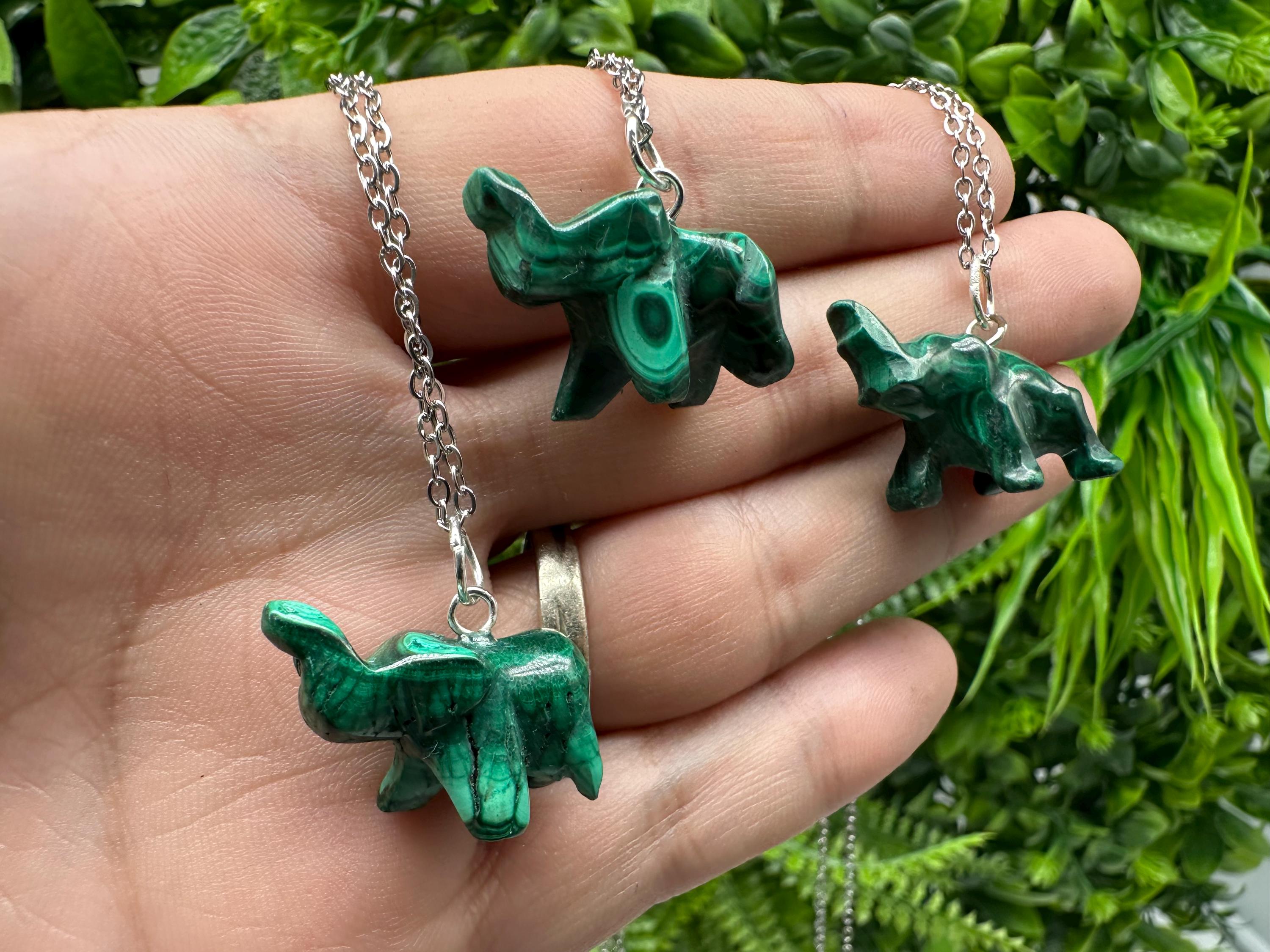 Malachite Elephant Figurine: Natural Stone Pendant, Vintage Home Decor