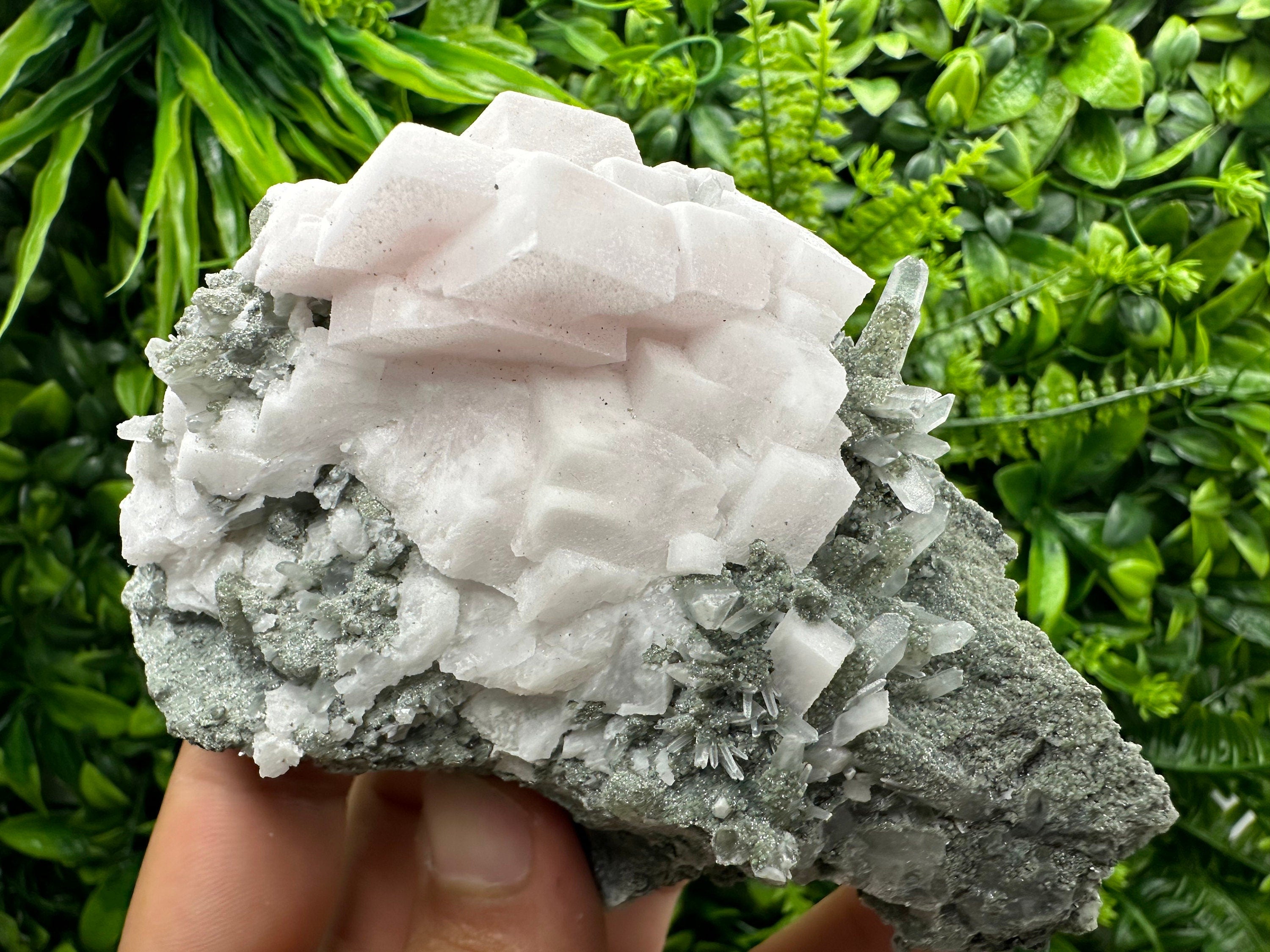 Mangano Calcite on Quartz with Chlorite, Borieva Mine Mineral Specimen