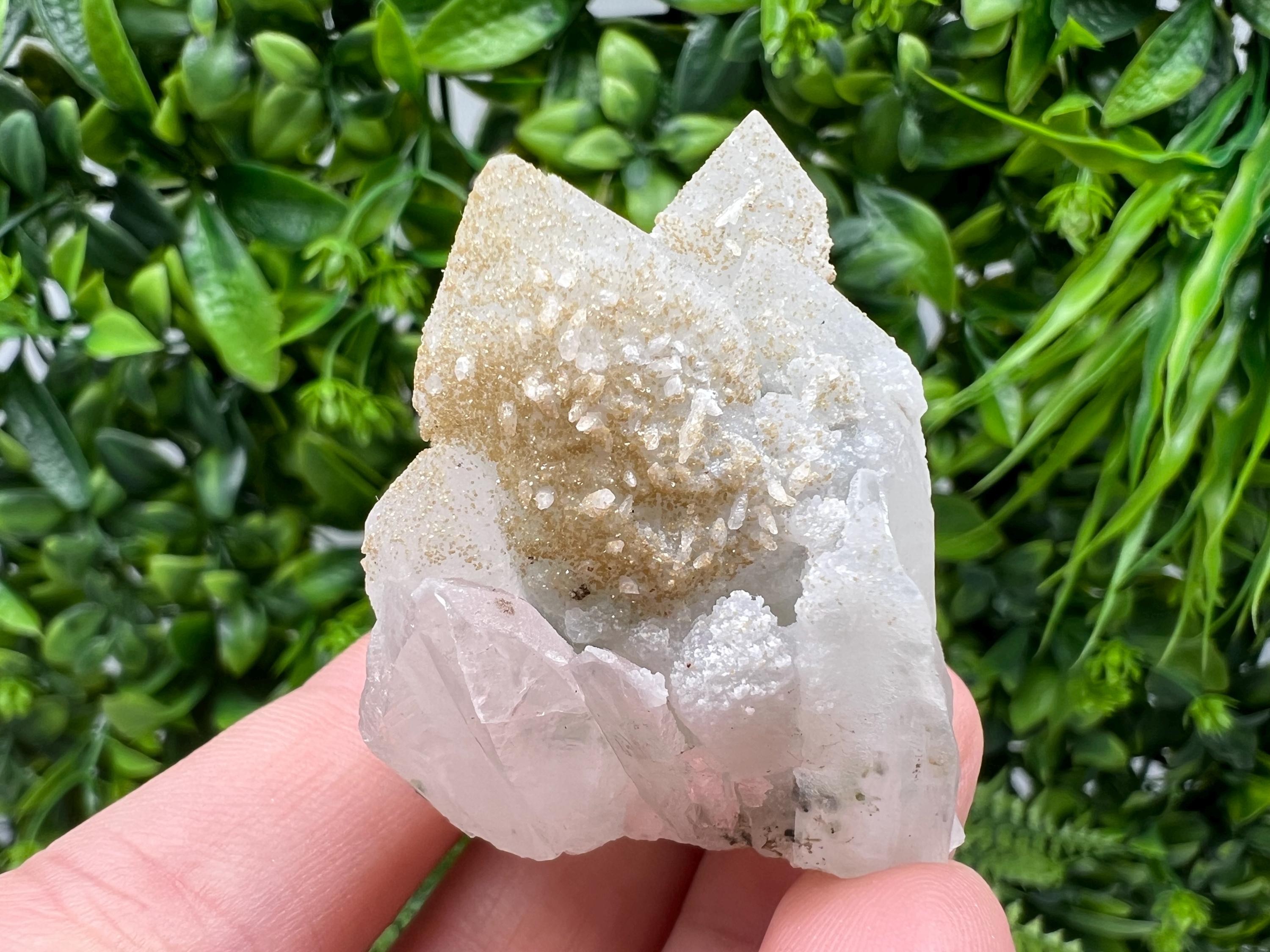 Calcite on Green Quartz Crystal, Djurcovo Mine, Bulgaria