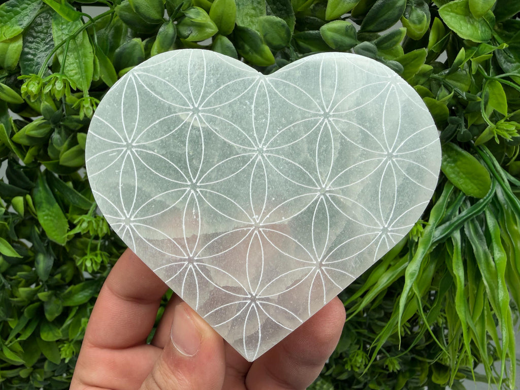 Selenite Heart with Flower of Life Selenite Charging Plate Crystal Charging Dish Sacred Geometry Crystal Reiki Healing Spiritual Altar Decor