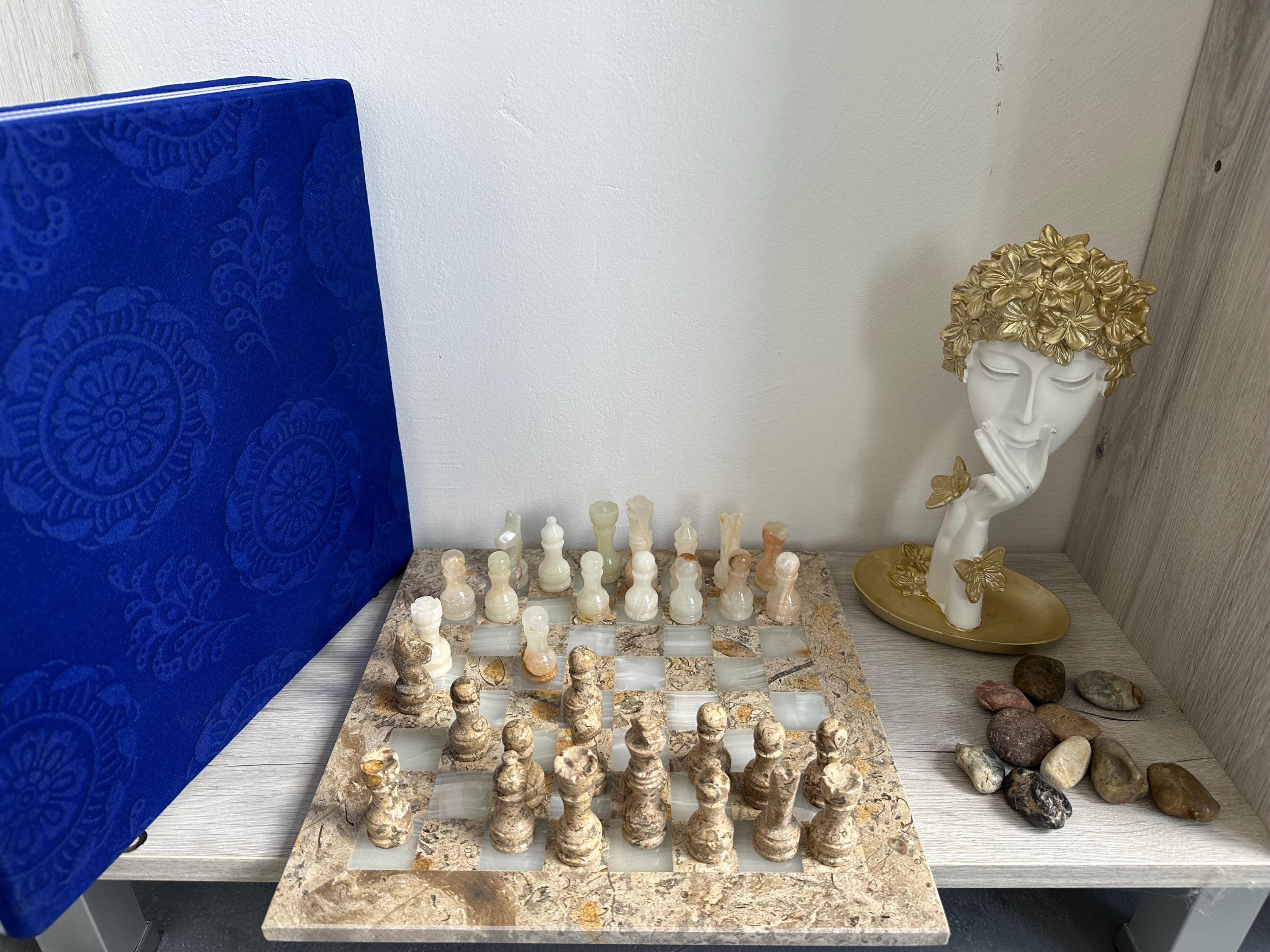 Handmade Onyx & Fossil Chess Set with Chessboard