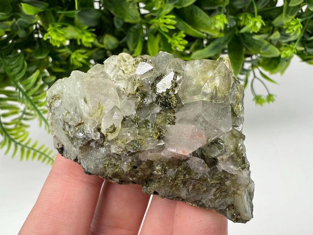 Rare Green Epidote with Quartz Crystals - Rainbow Sparkle Stone, Turkey