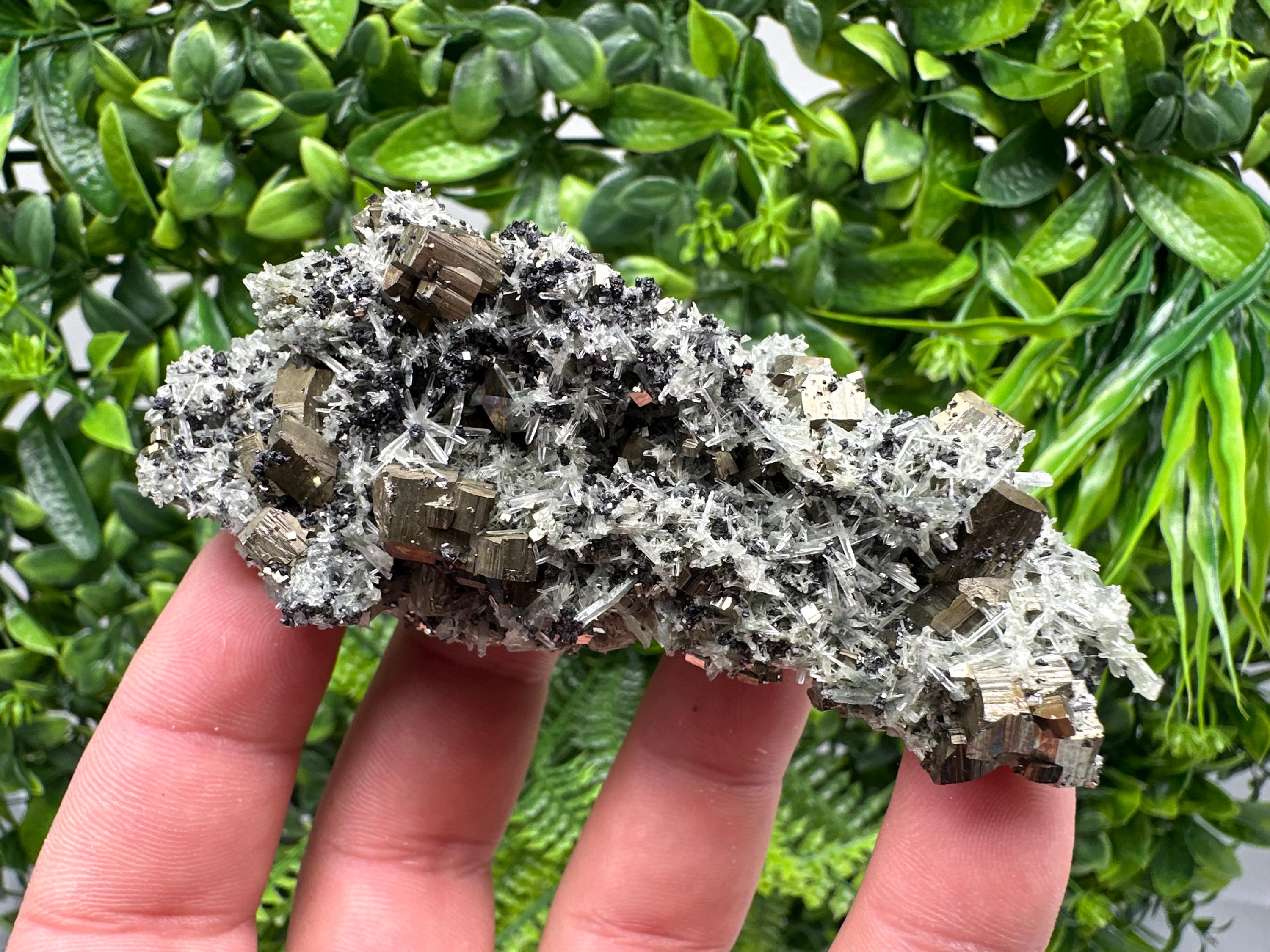 Pyrite on Needle Quartz Mineral Specimen, Borieva Mine, Bulgaria
