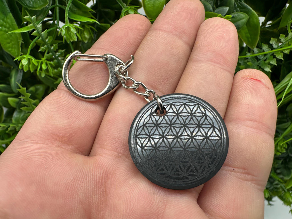 Shungite Keychain: Flower of Life Crystal Pendant, EMF Protection