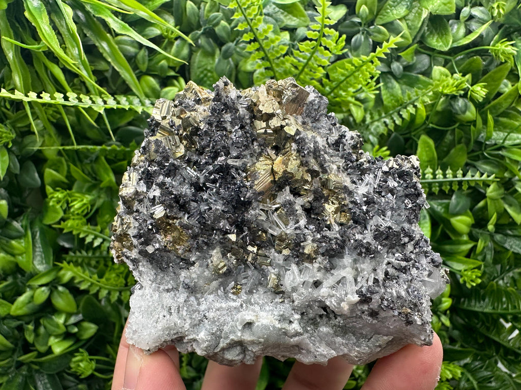 Rainbow Pyrite Cluster on Sphalerite Quartz, Borieva Mine Bulgaria