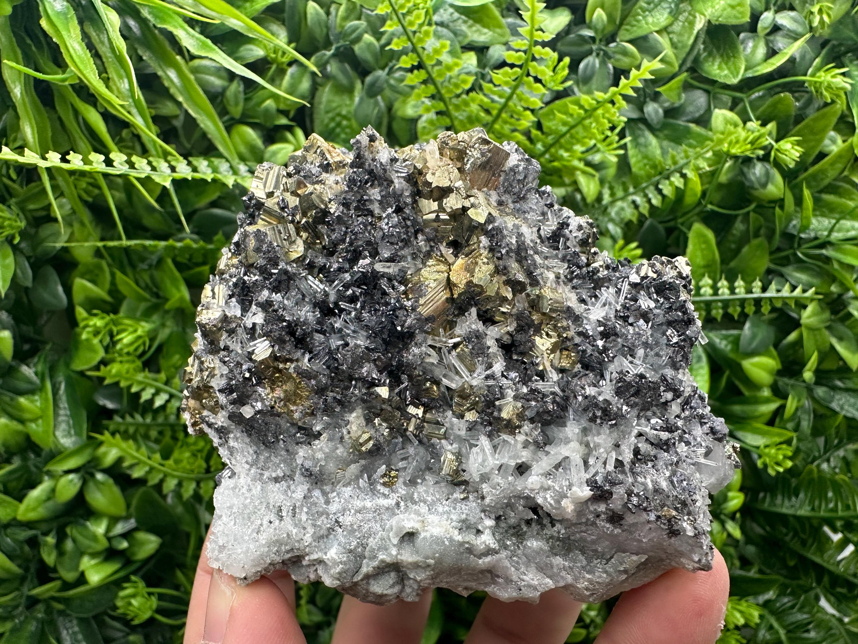 Rainbow Pyrite Cluster on Sphalerite Quartz, Borieva Mine Bulgaria