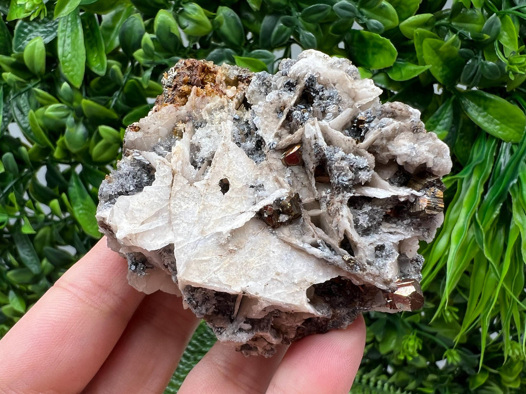 Pyrite on Calcite Mineral Specimen: Madan Bulgaria, Iron Oxide Home Decor Stone