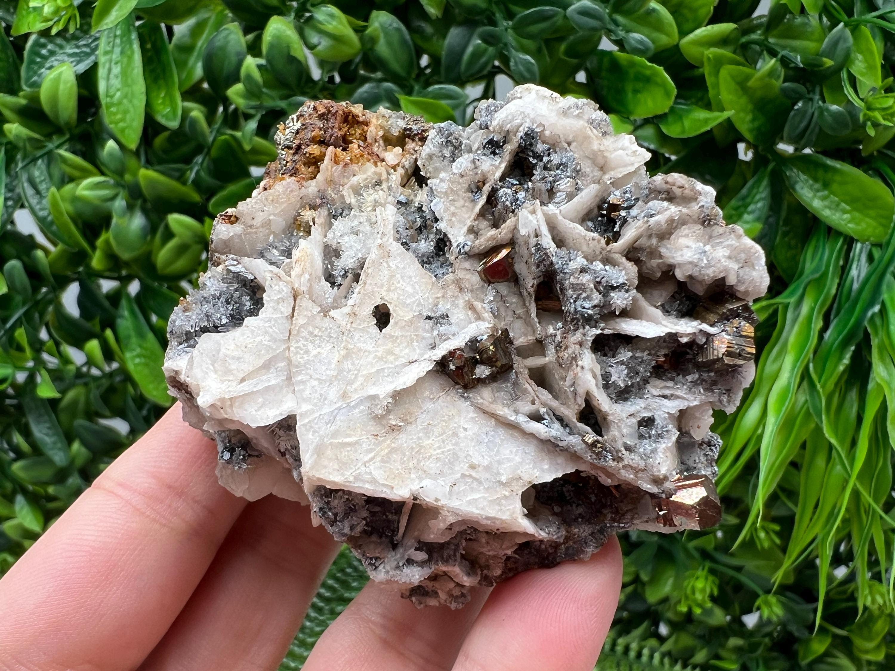 Pyrite on Calcite Mineral Specimen: Madan Bulgaria, Iron Oxide Home Decor Stone