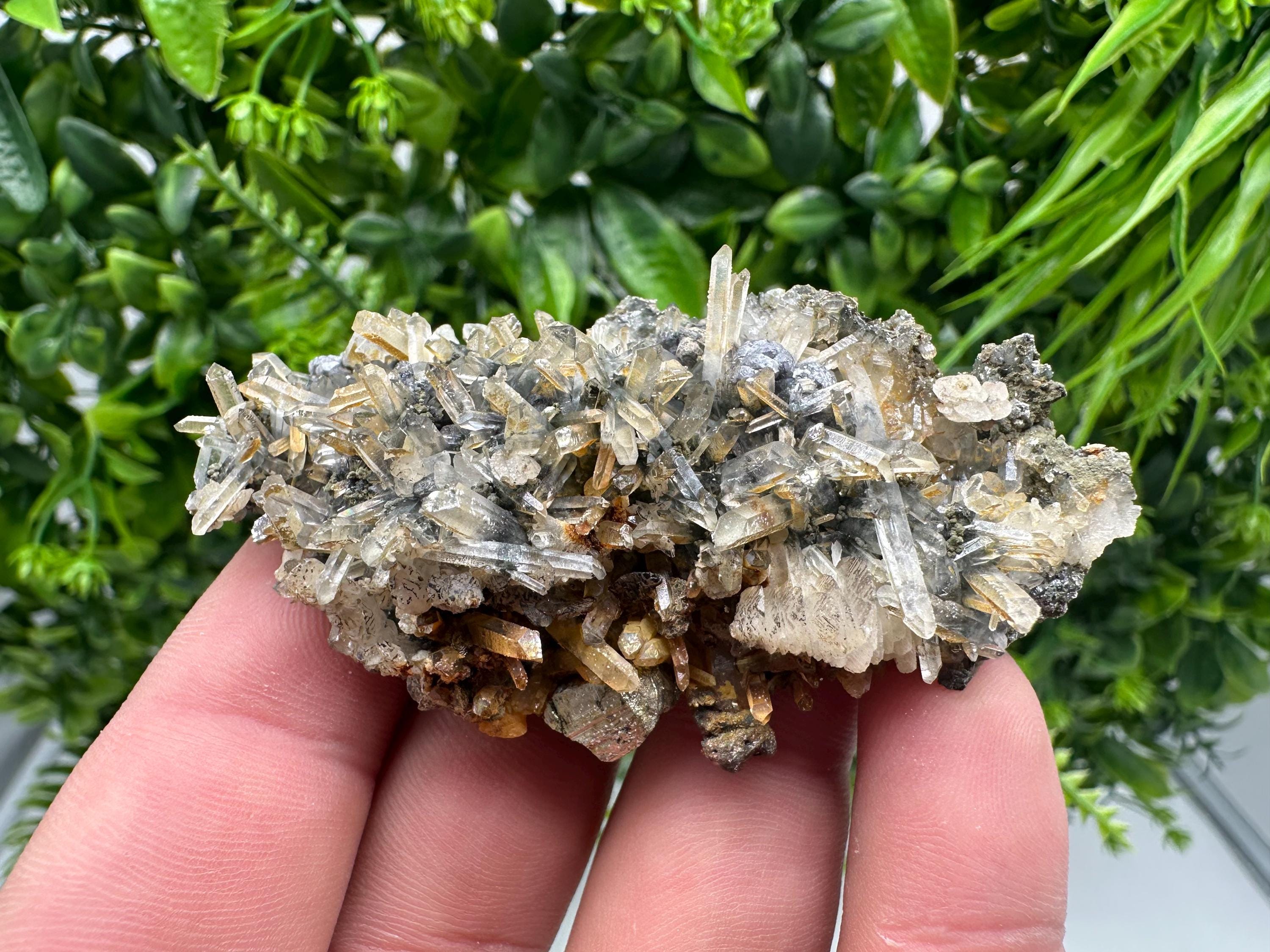 Rainbow Pyrite Sphalerite on Quartz: Natural Crystal Home Decor
