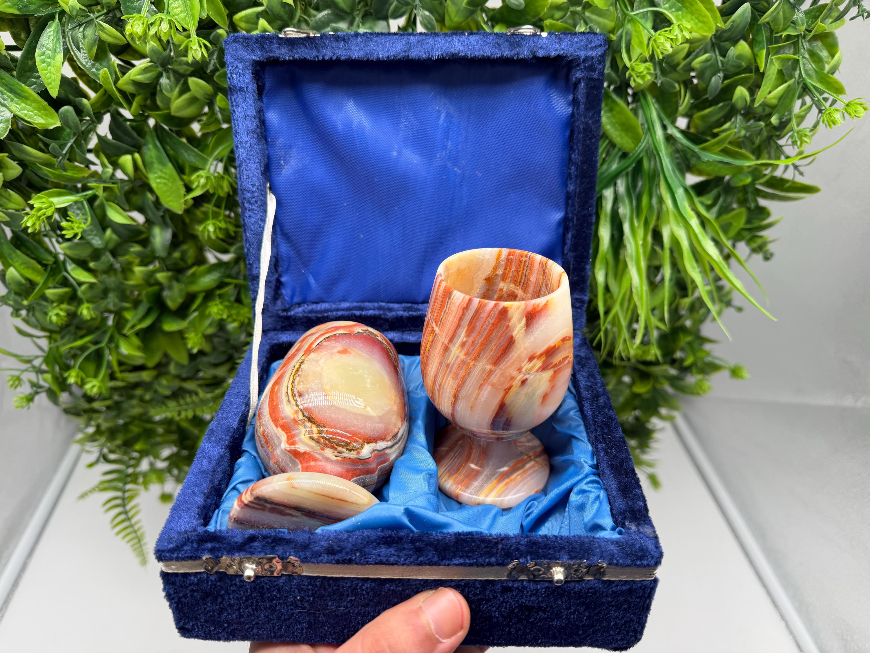 Vintage Natural Onyx Goblet Set: Stone Barware WHIT BOX