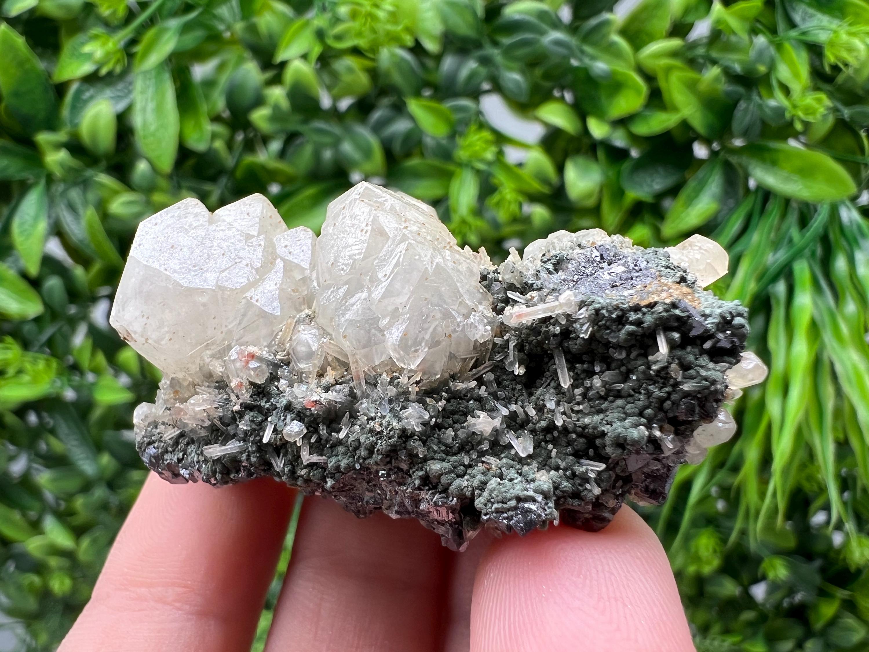 Calcite on Green Quartz Crystal - Borieva Mine, Bulgaria