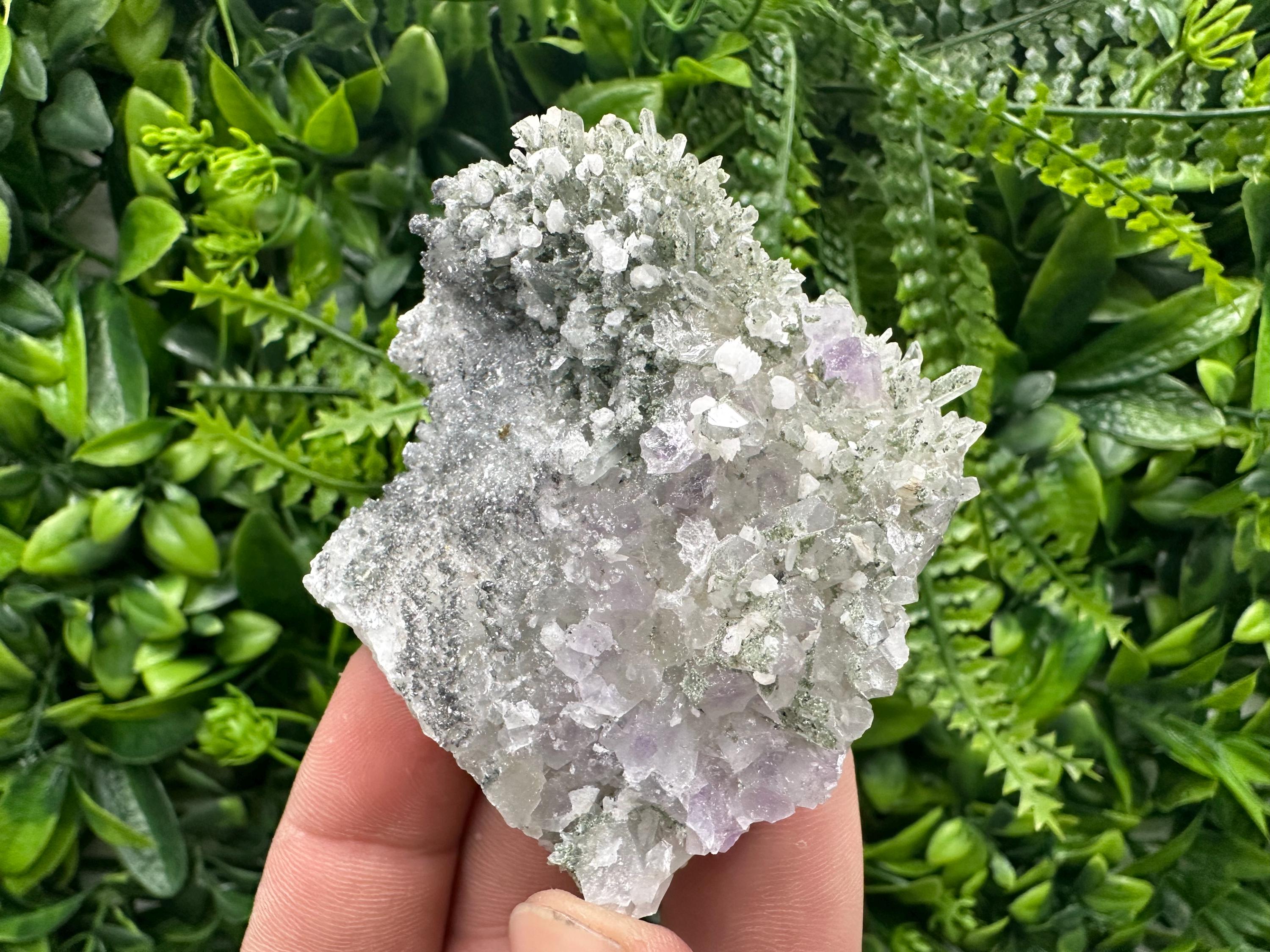 Calcite on Quartz with Amethyst and Chlorite, Rare Mineral Specimen