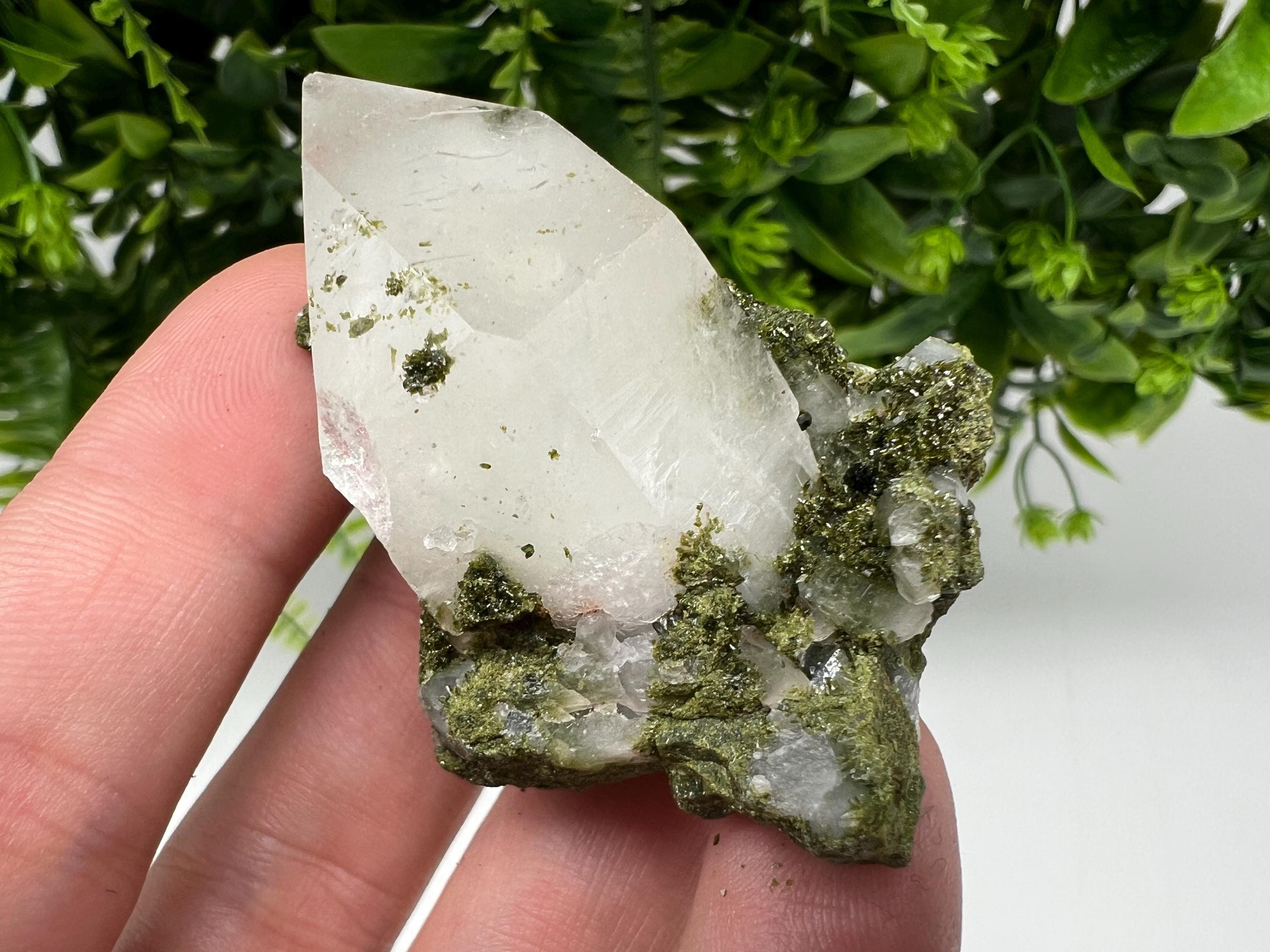 Rare Green Epidote with Quartz Crystals, Sparkly Rainbow Stone, Turkey