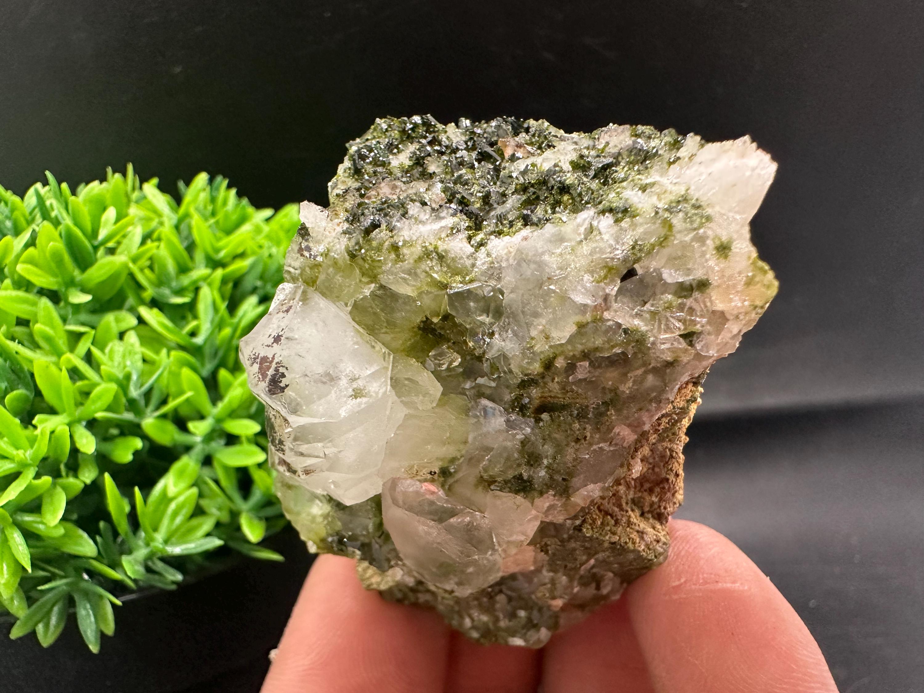 Rare Green Epidote with Quartz Crystals: Sparkly Rainbow Mineral Decor