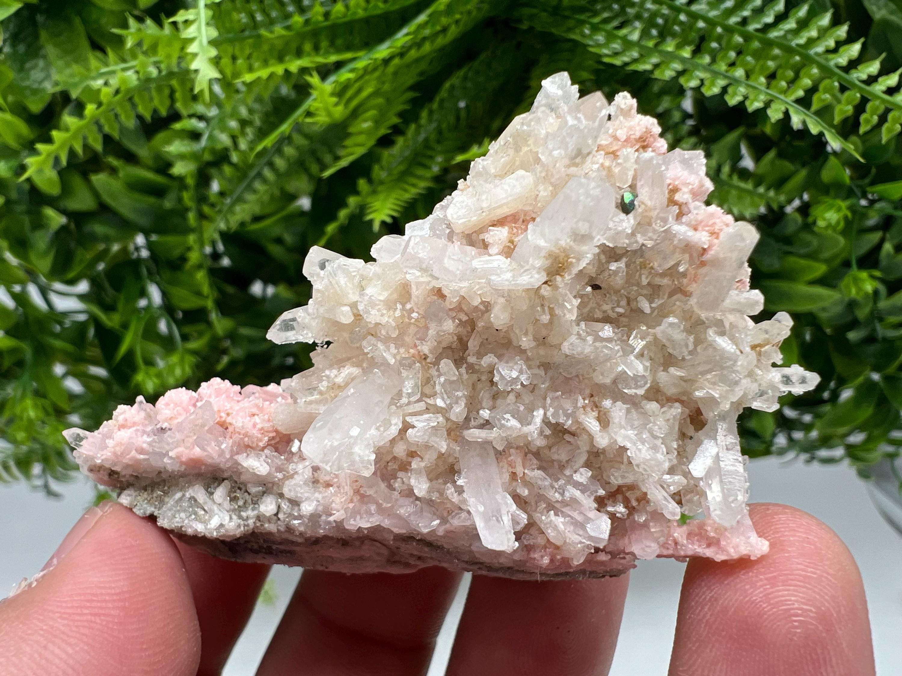 One beautiful cabinet size specimen of rhodochrosite, overgrowth by well-terminated quartz crystals Starnica mine Davidcovo area Bulgaria