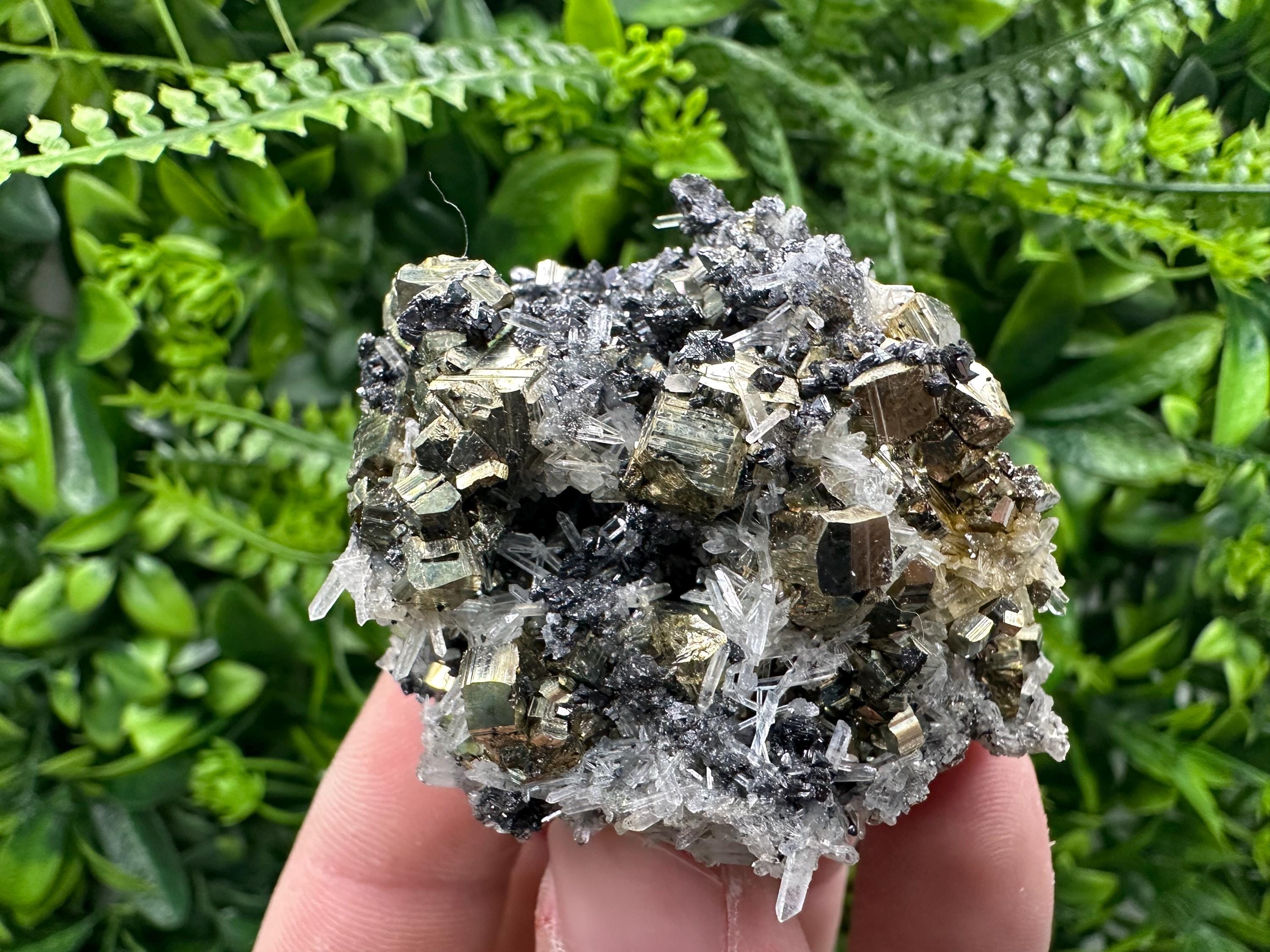 Rainbow Pyrite Cluster on Sphalerite Quartz, Borieva Mine Mineral Specimen
