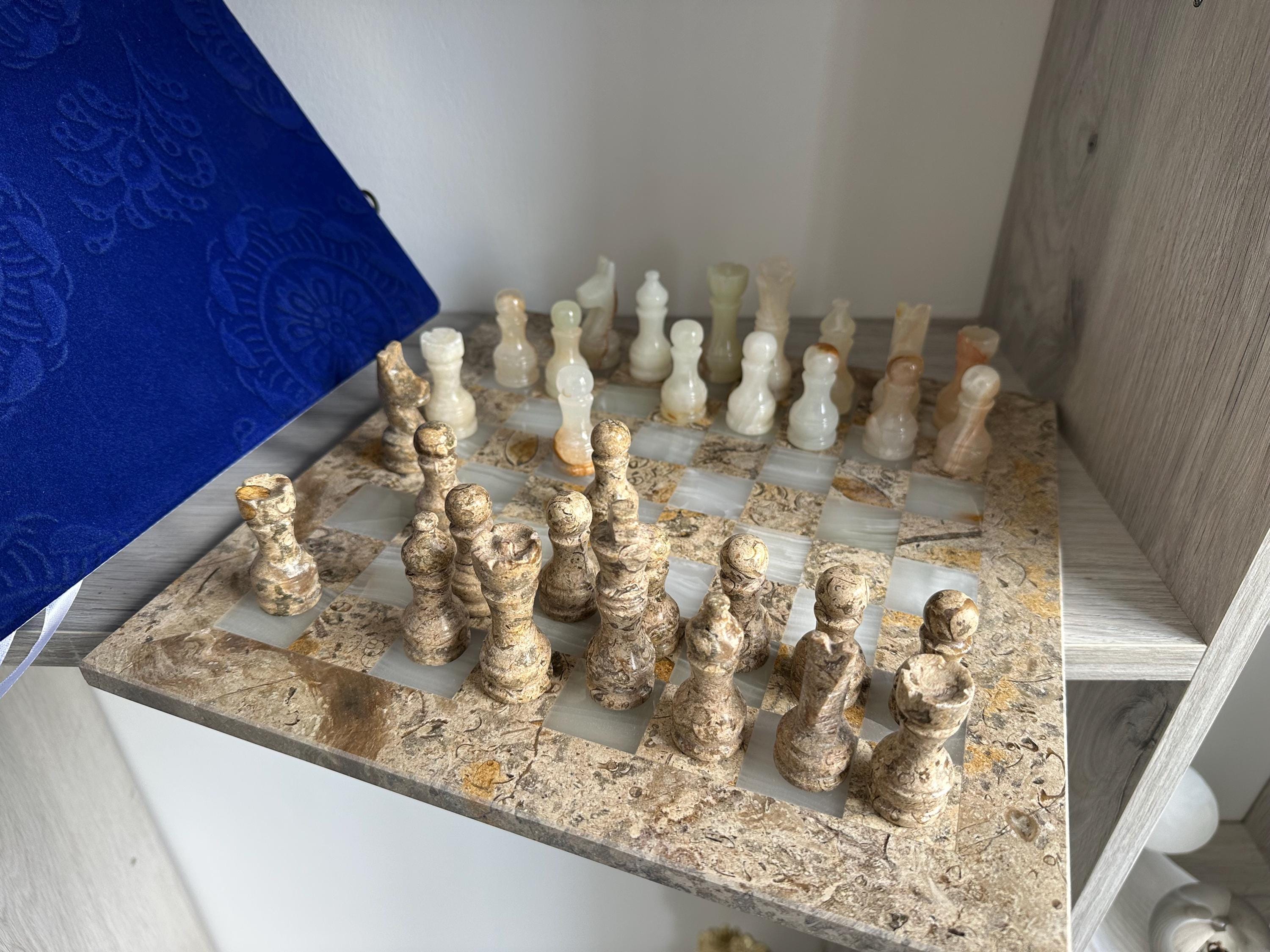 Handmade Onyx & Fossil Chess Set with Chessboard