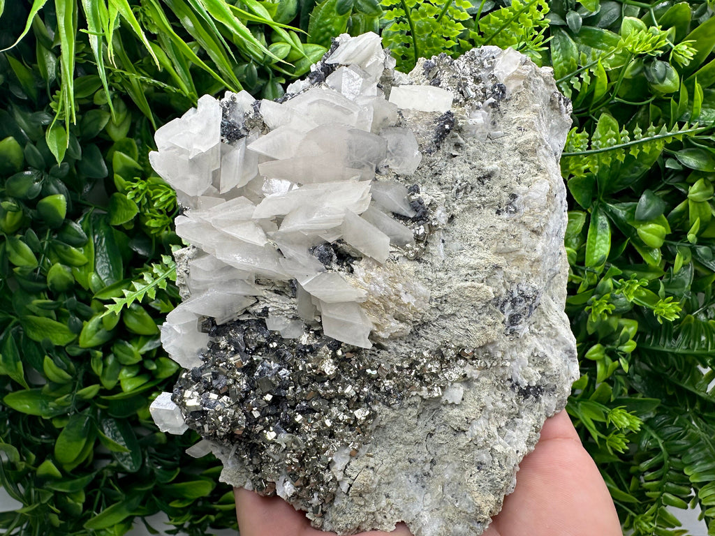 Golden Pyrite with Calcite on Matrix, Borieva Mine Mineral Specimen