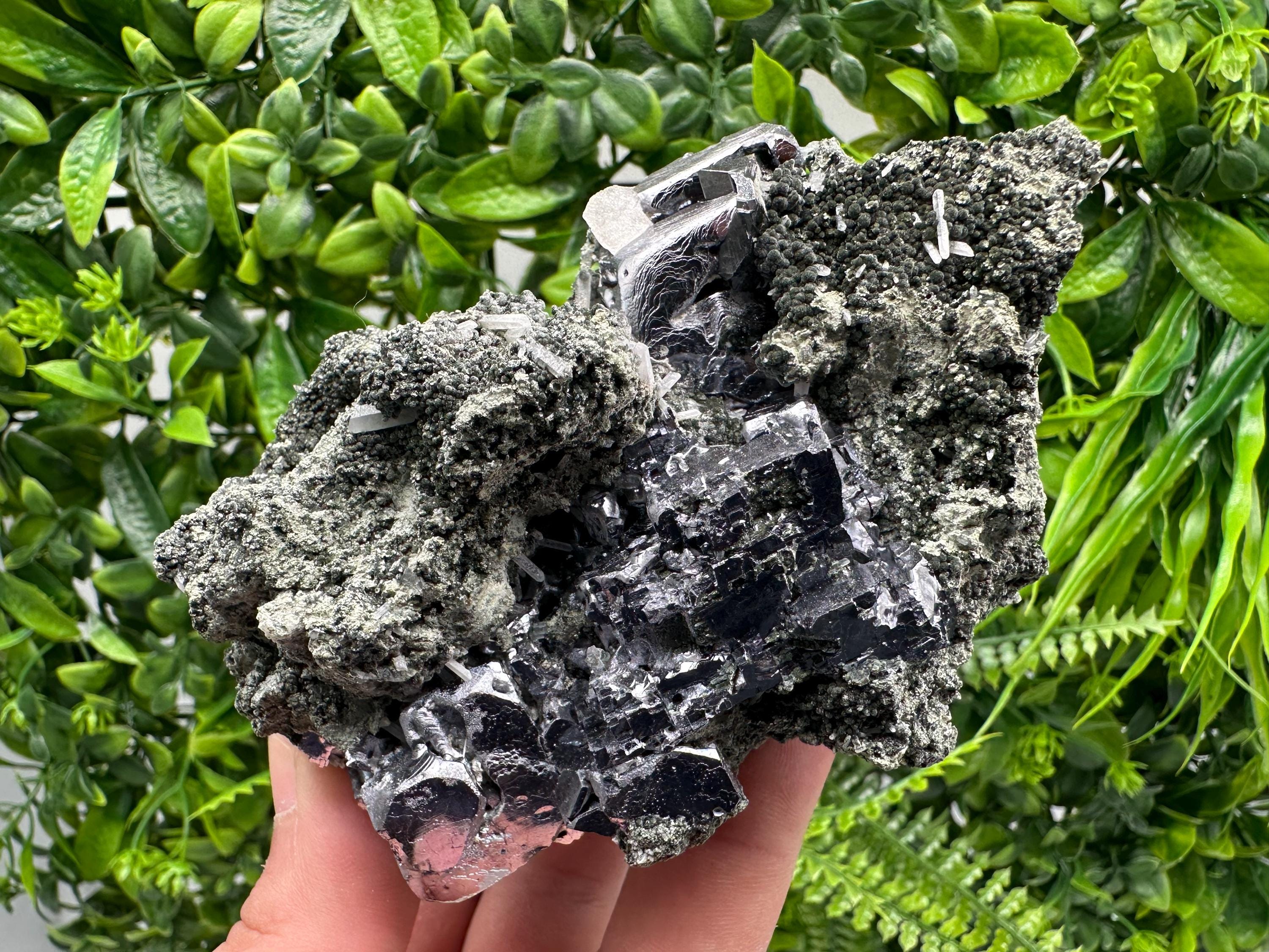 Galena Calcite on Chlorite Matrix Mineral Specimen, Bulgaria