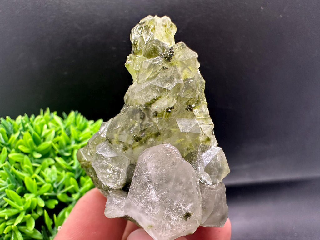 Rare Green Epidote with Quartz Crystals: Sparkly Rainbow Mineral Decor