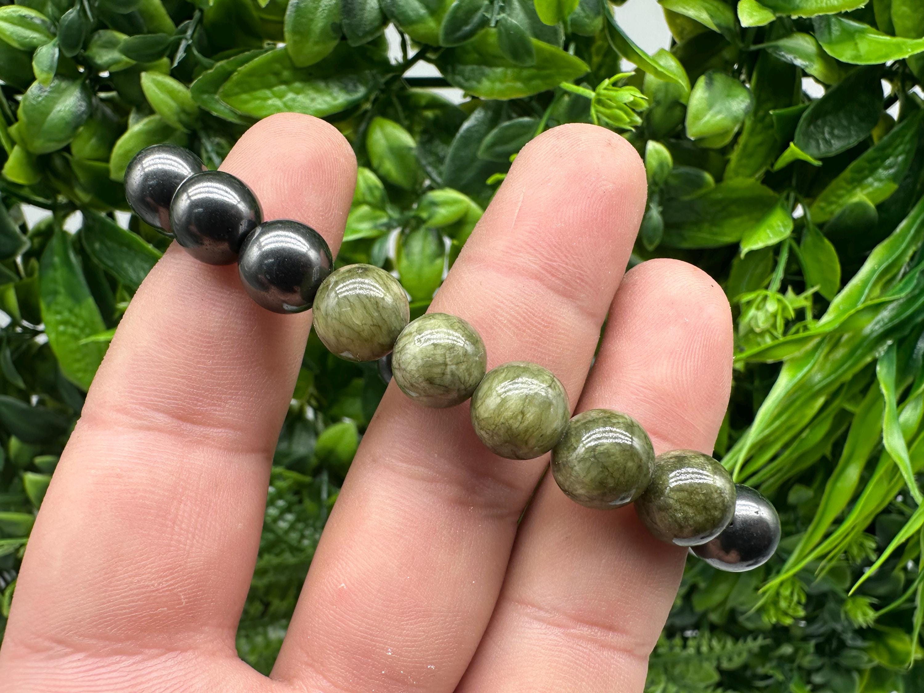 Shungite Jade Bracelet: 10mm Gemstone Beaded Bracelet, EMF Protection