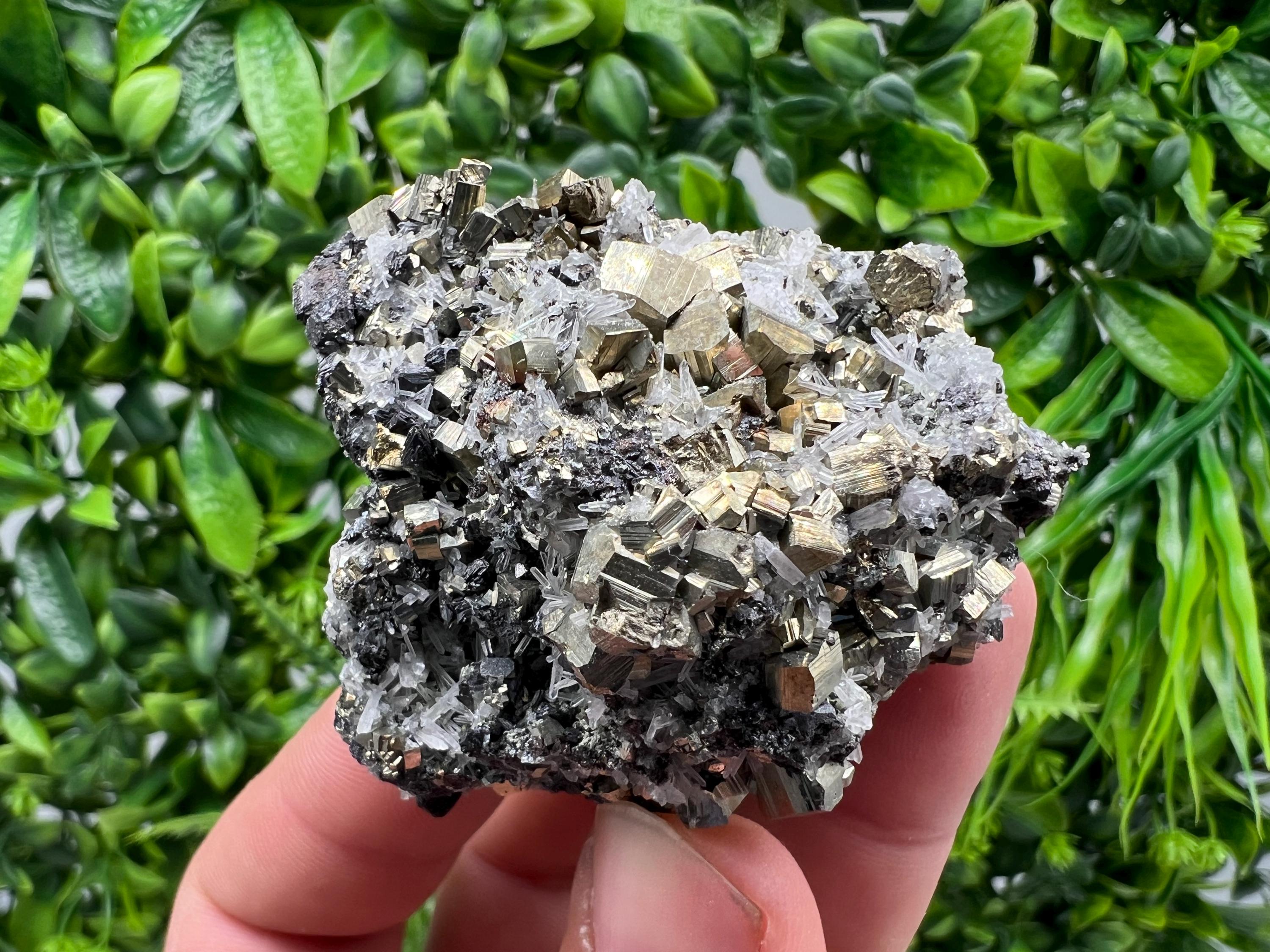 Rainbow Pyrite on Quartz, Natural Mineral Specimen, Borieva Bulgaria