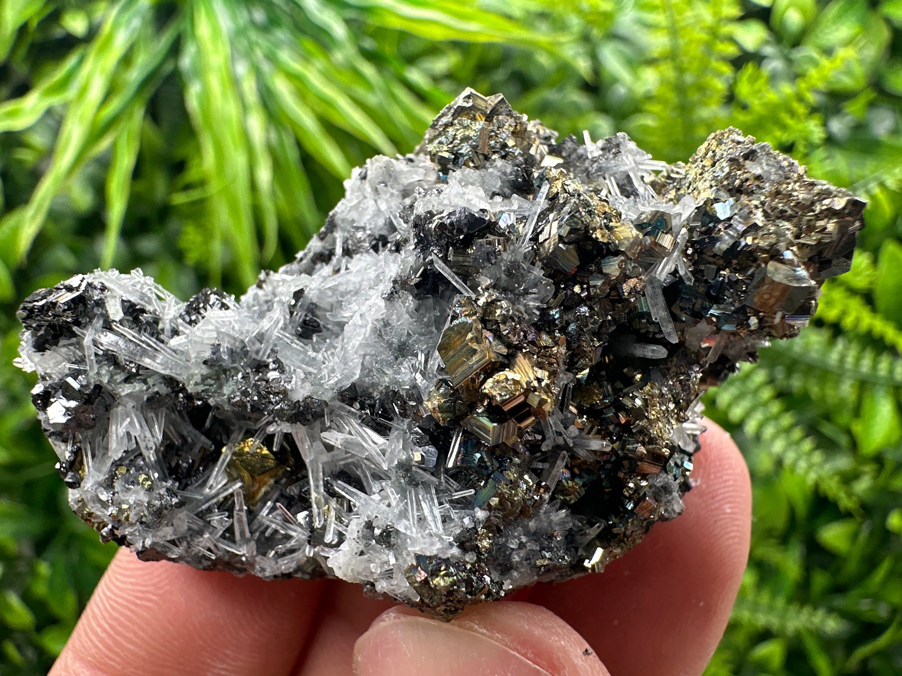 Rainbow Pyrite Sphalerite on Quartz: Natural Crystal Home Decor