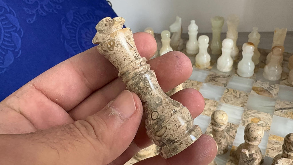 Handmade Onyx & Fossil Chess Set with Chessboard