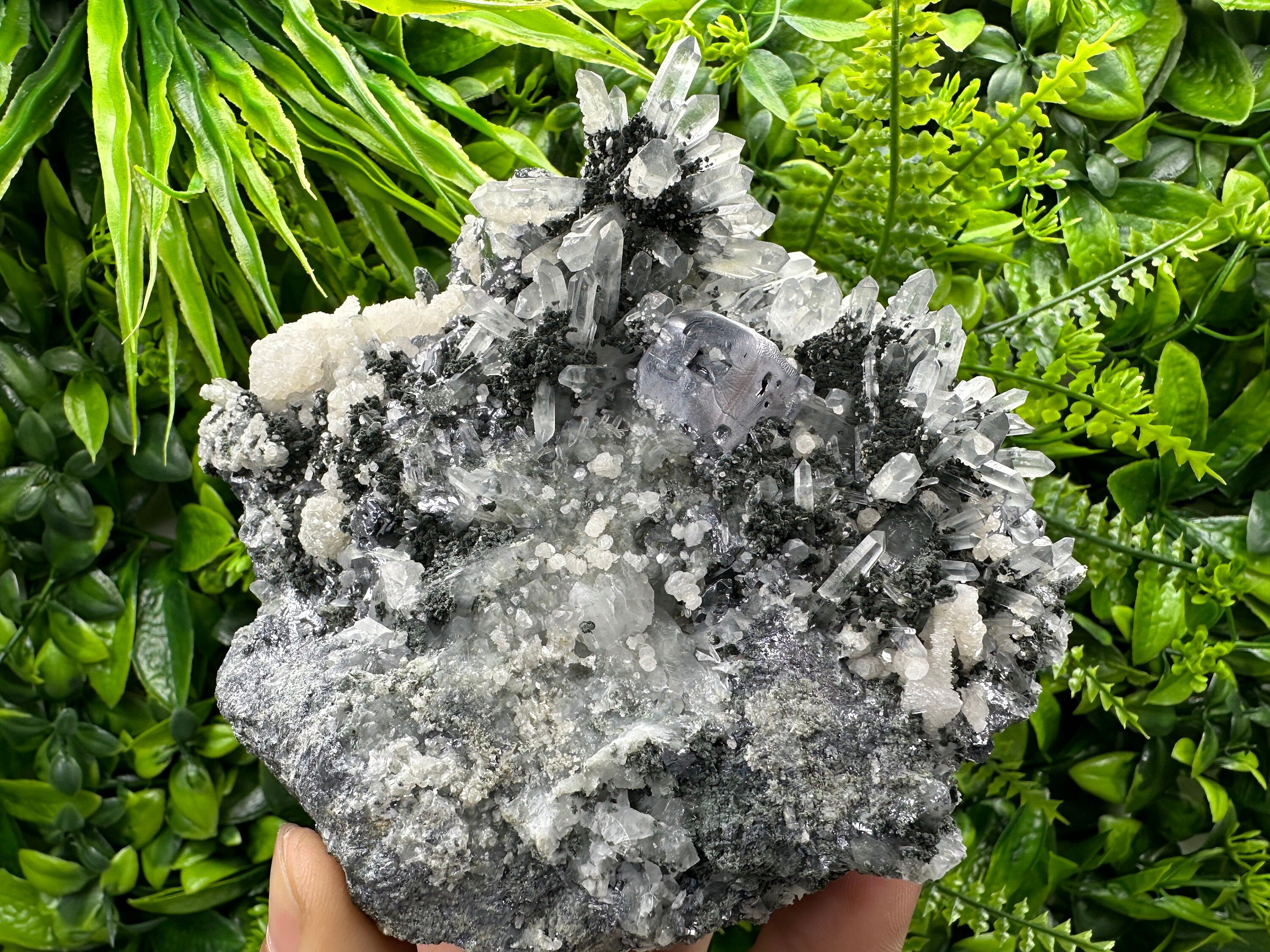 Galena on Quartz with Chlorite and Calcite: Natural Crystal Decor