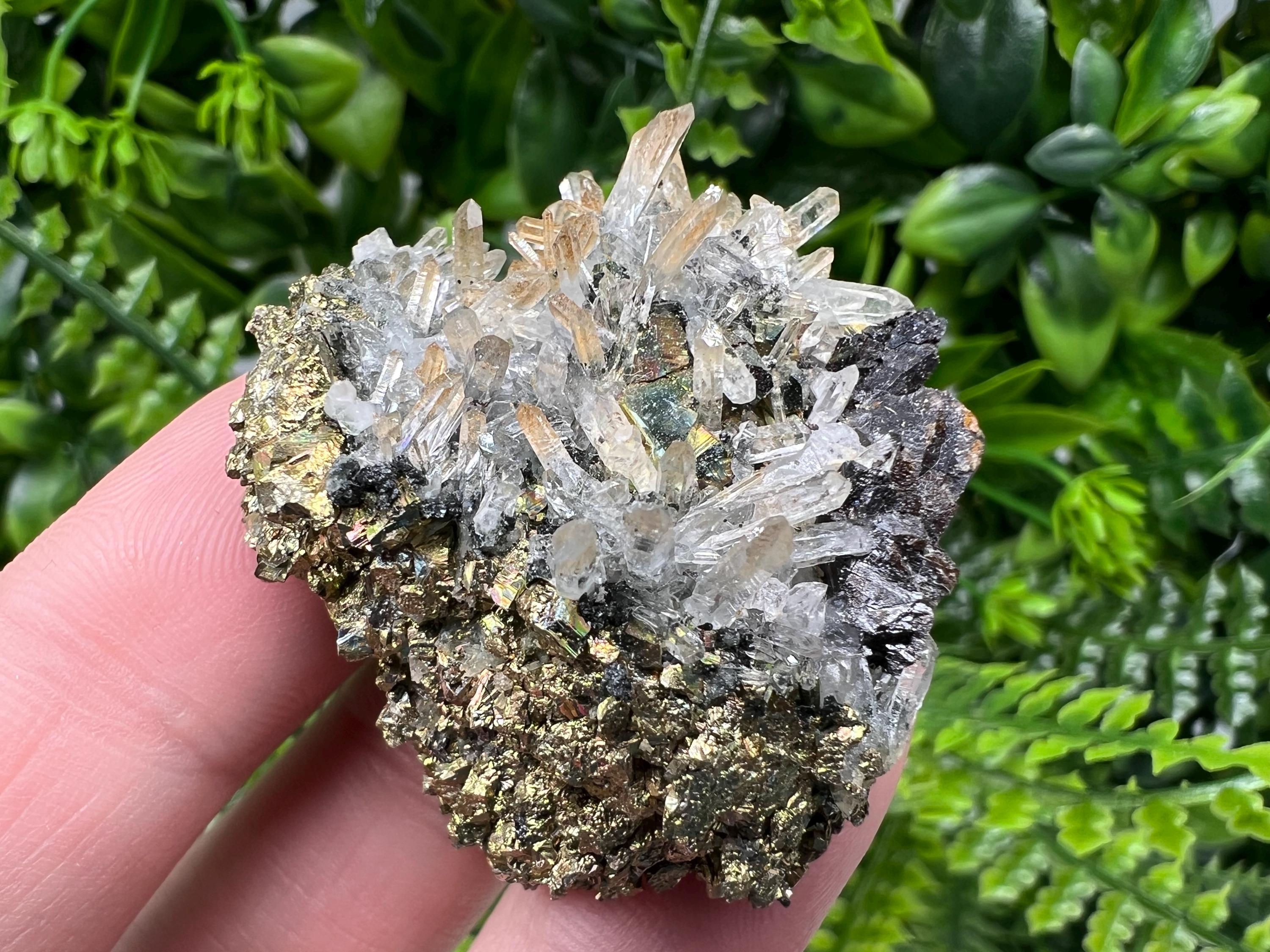 Rainbow Pyrite with Sphalerite on Quartz: Natural Crystal Decor