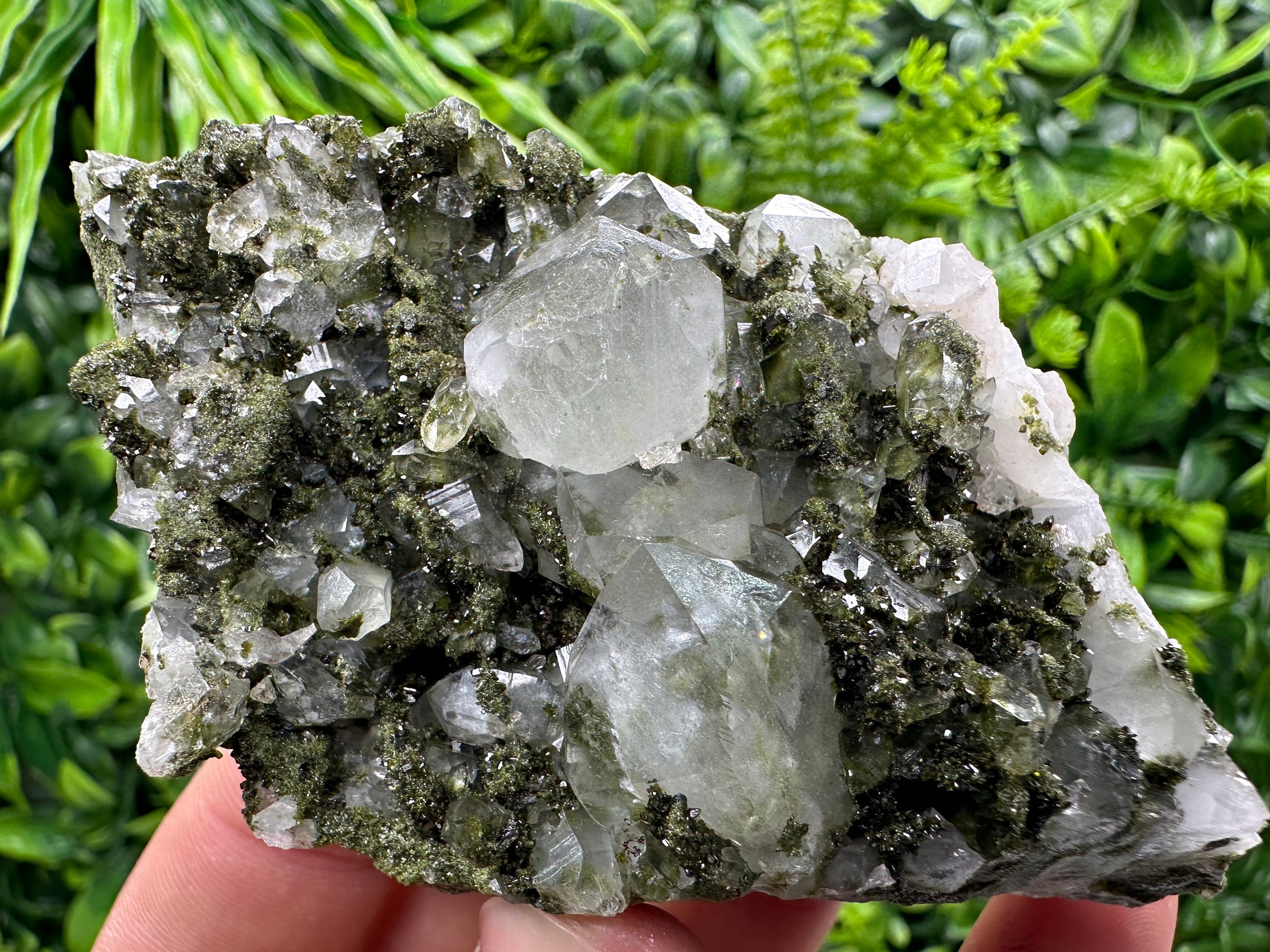 Rare Green Epidote with Quartz Crystals: Sparkly Rainbow Mineral Decor