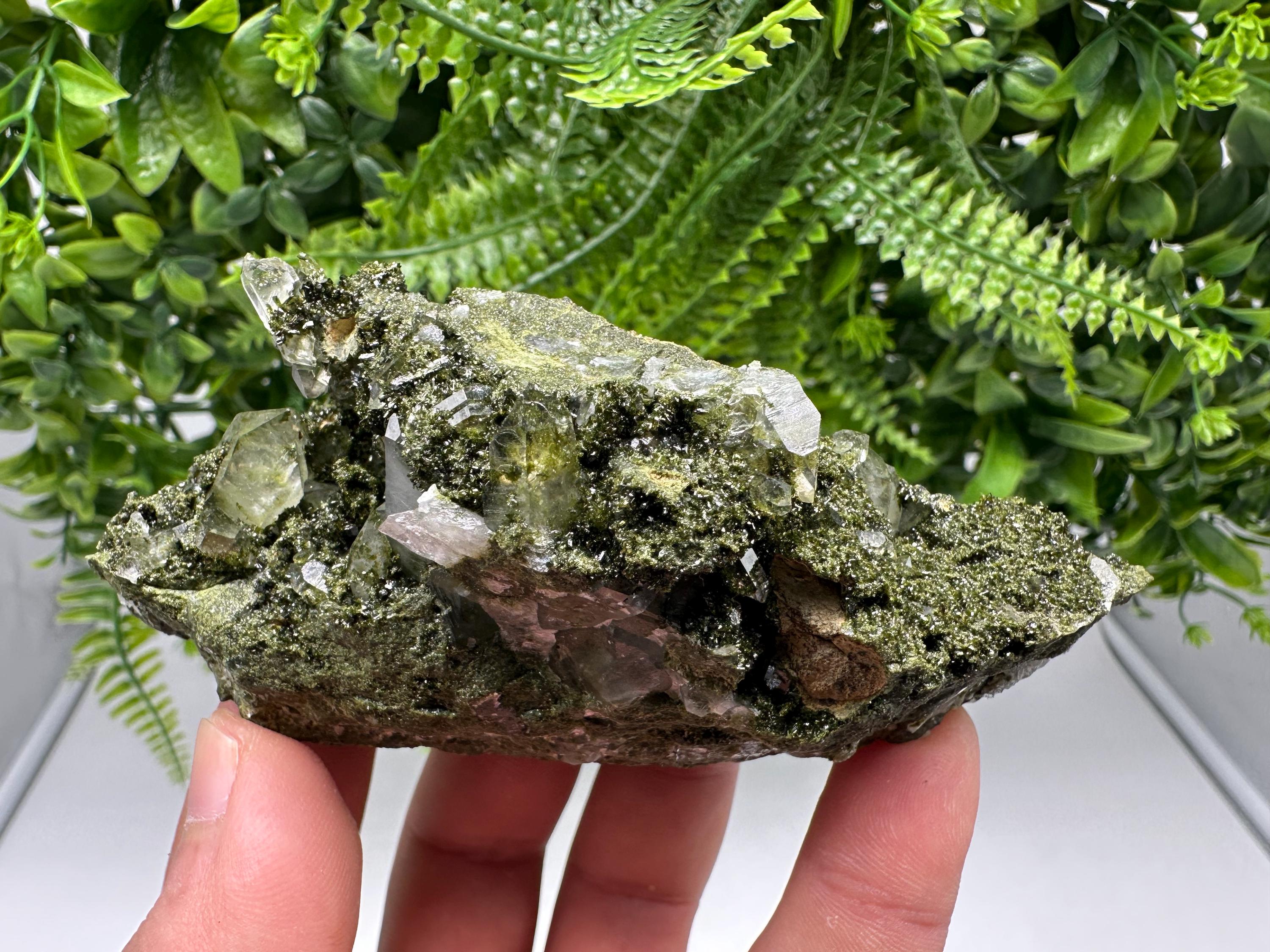 Rare Green Epidote with Quartz Crystals: Sparkly Rainbow Stone Decor