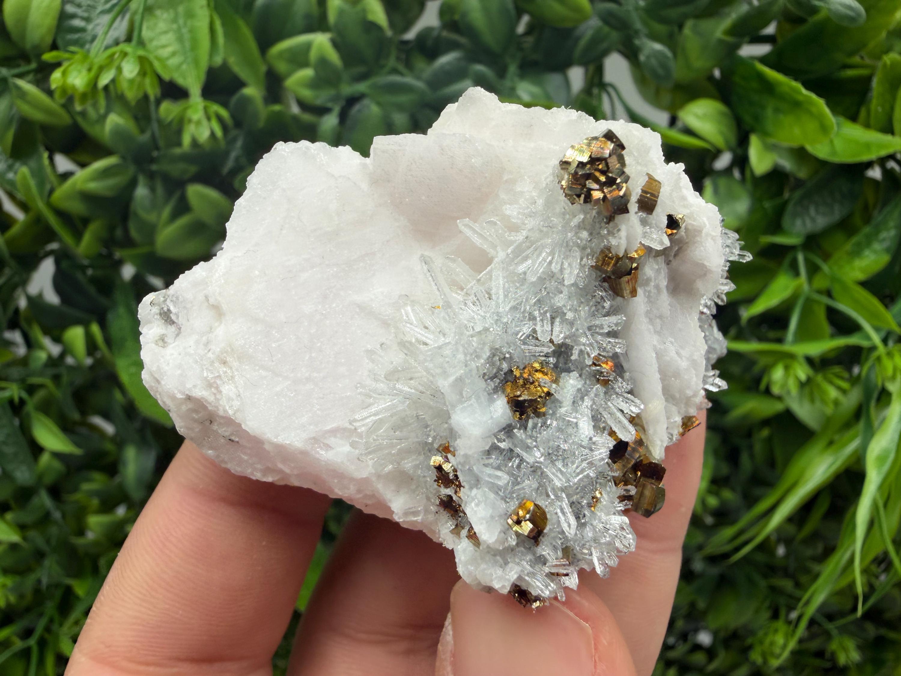 Mangano Calcite on Quartz with Pyrite, Madan Bulgaria Mineral Specimen