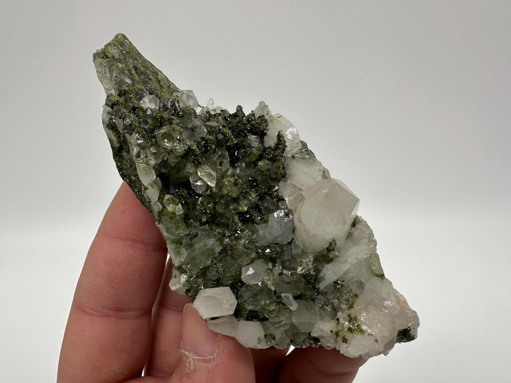 Rare Green Epidote with Quartz Crystals: Sparkly Rainbow Mineral Decor