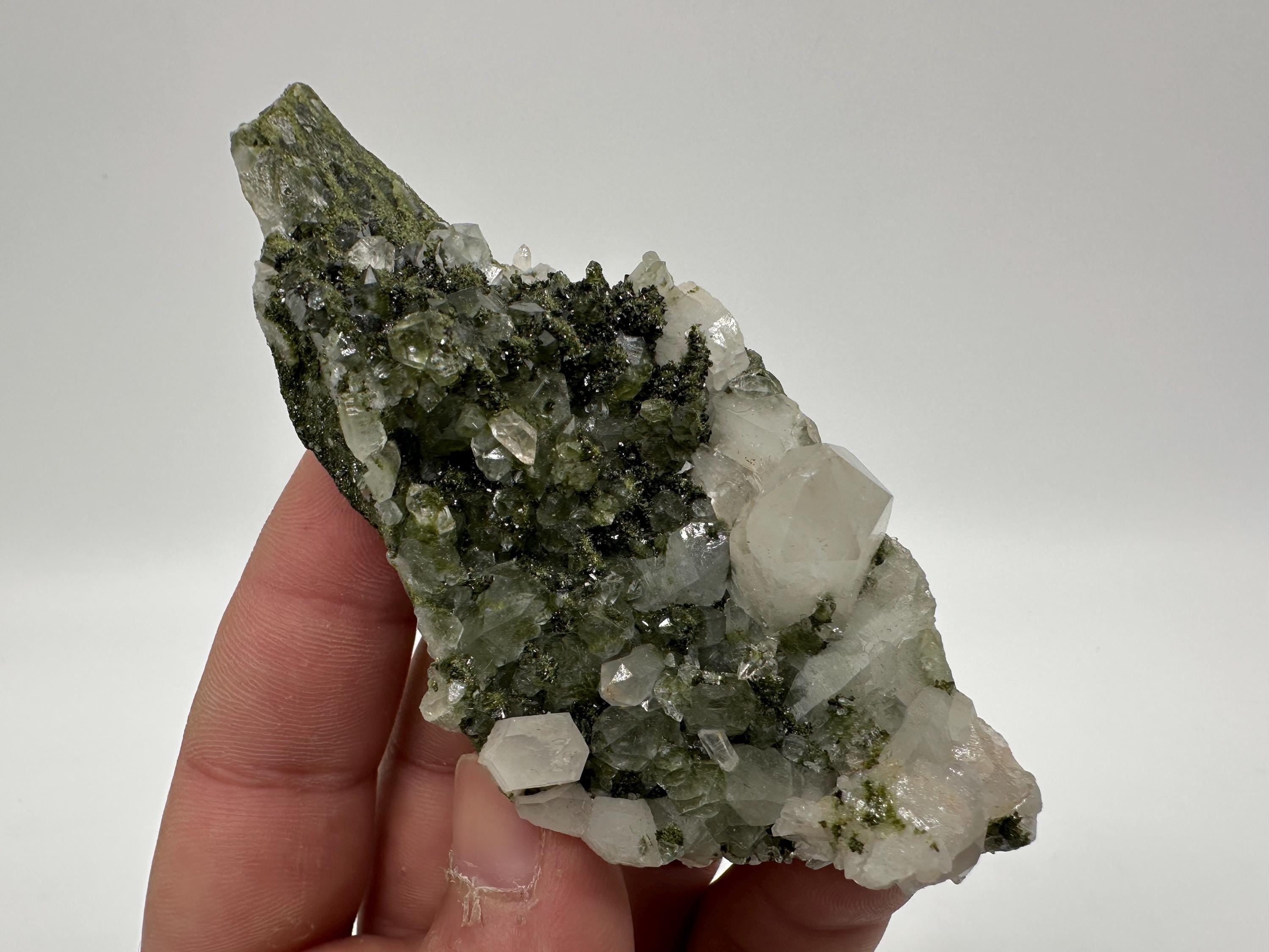 Rare Green Epidote with Quartz Crystals: Sparkly Rainbow Mineral Decor