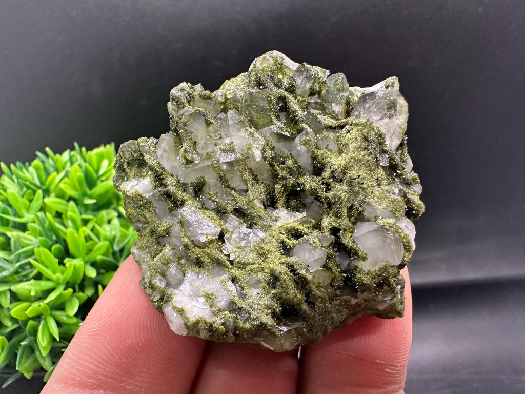 Rare Green Epidote with Quartz Crystals: Sparkly Rainbow Stone, Turkey