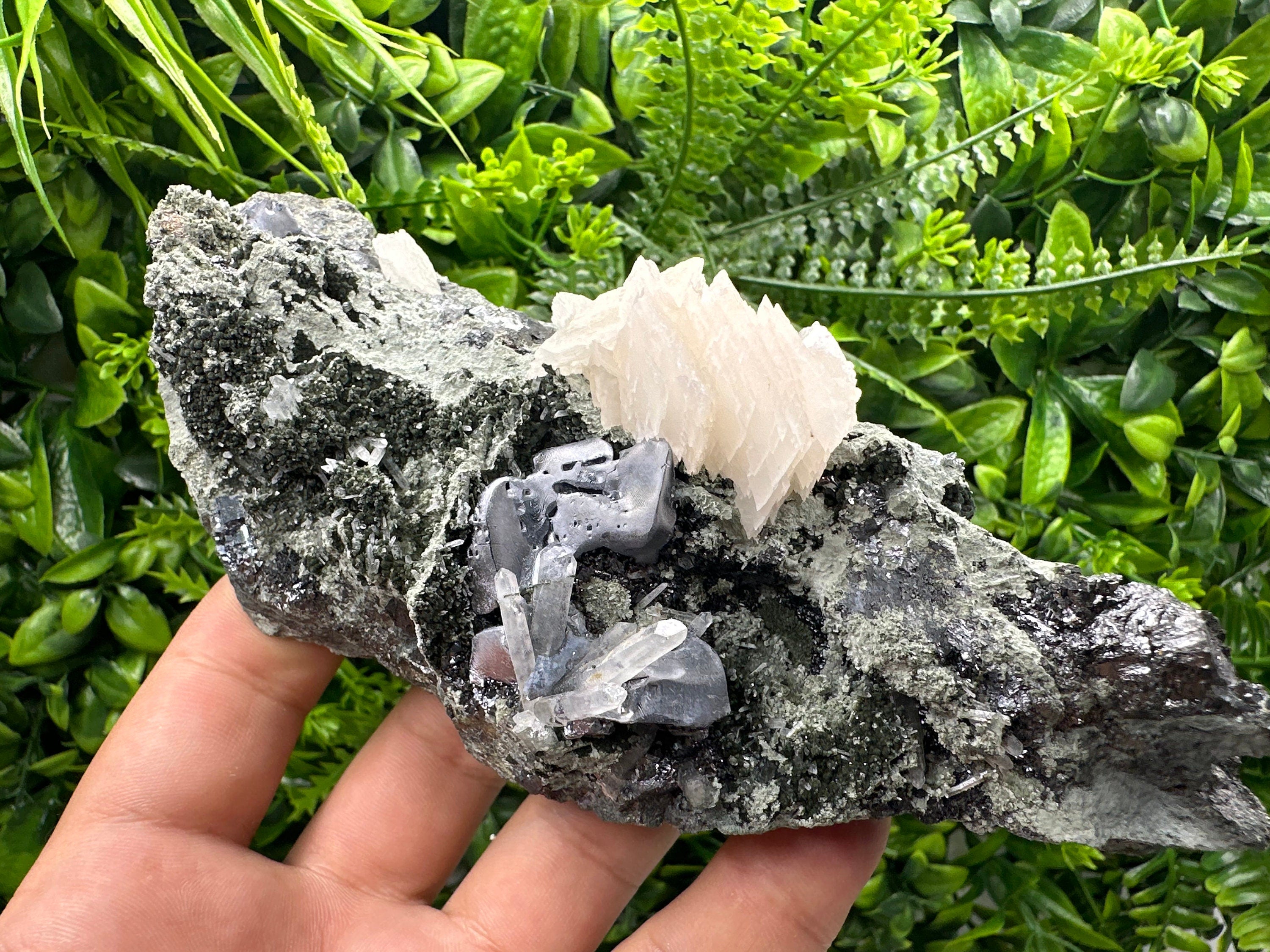 Galena Calcite on Quartz Cluster, Borieva Mine Mineral Specimen