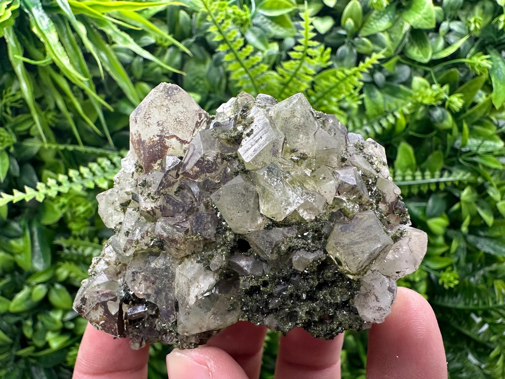 Rare Green Epidote with Quartz Crystals: Sparkly Rainbow Mineral Decor