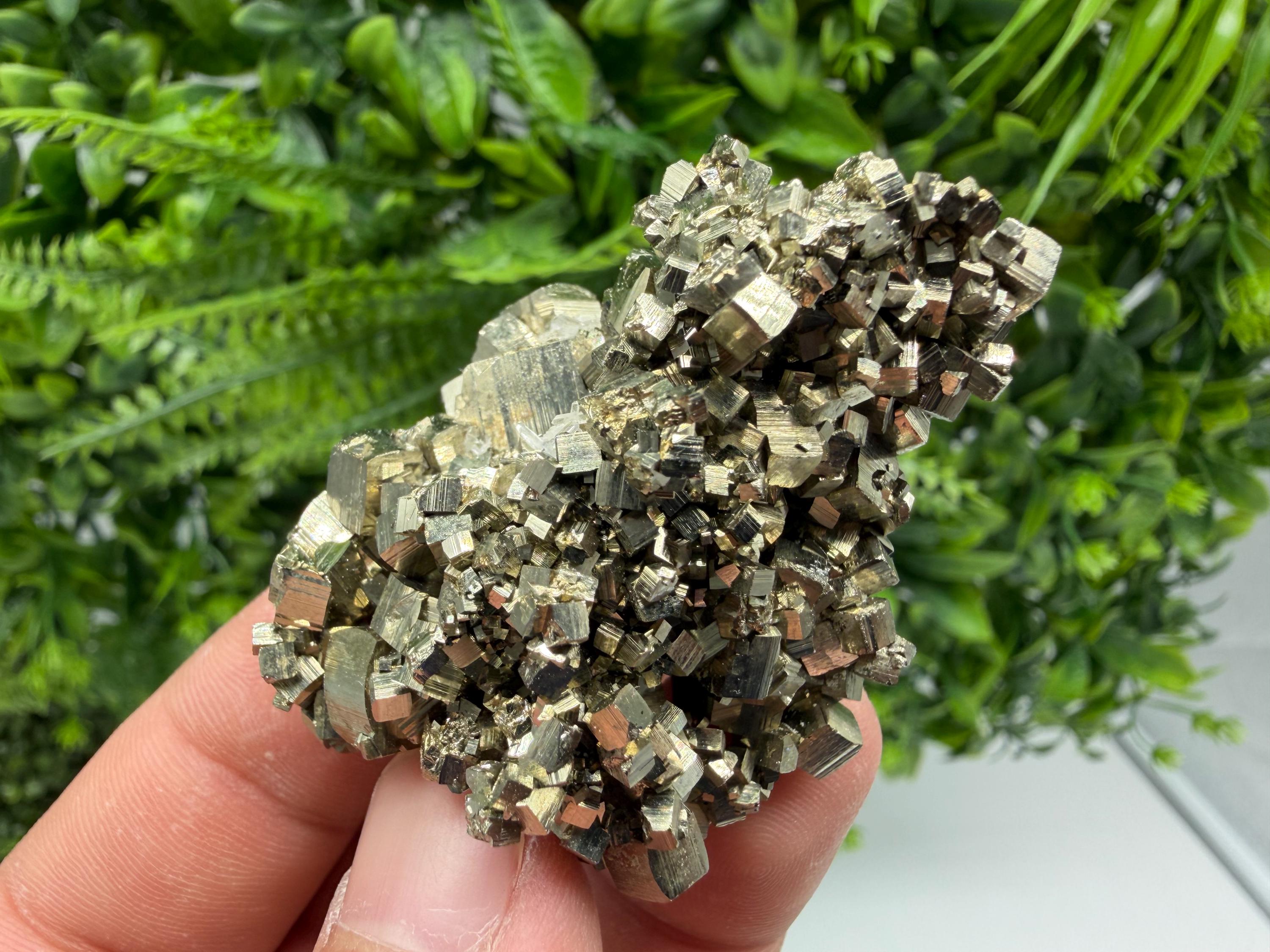 Rare Mini Pyrite Cluster: Golden Rainbow Crystallization from Borieva Mine